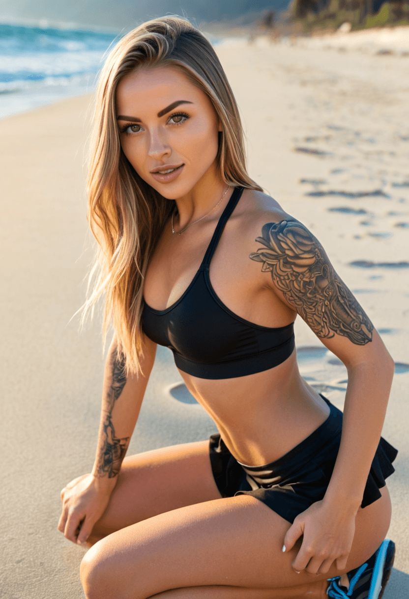 Wearing short black tennis skirt and a crop top shirt, portrait picture, looking at the viewer with a smile, wearing a stylish bikini on the beach, squatting position, athletic pose, swimming in clear blue water, with artistic tattoos