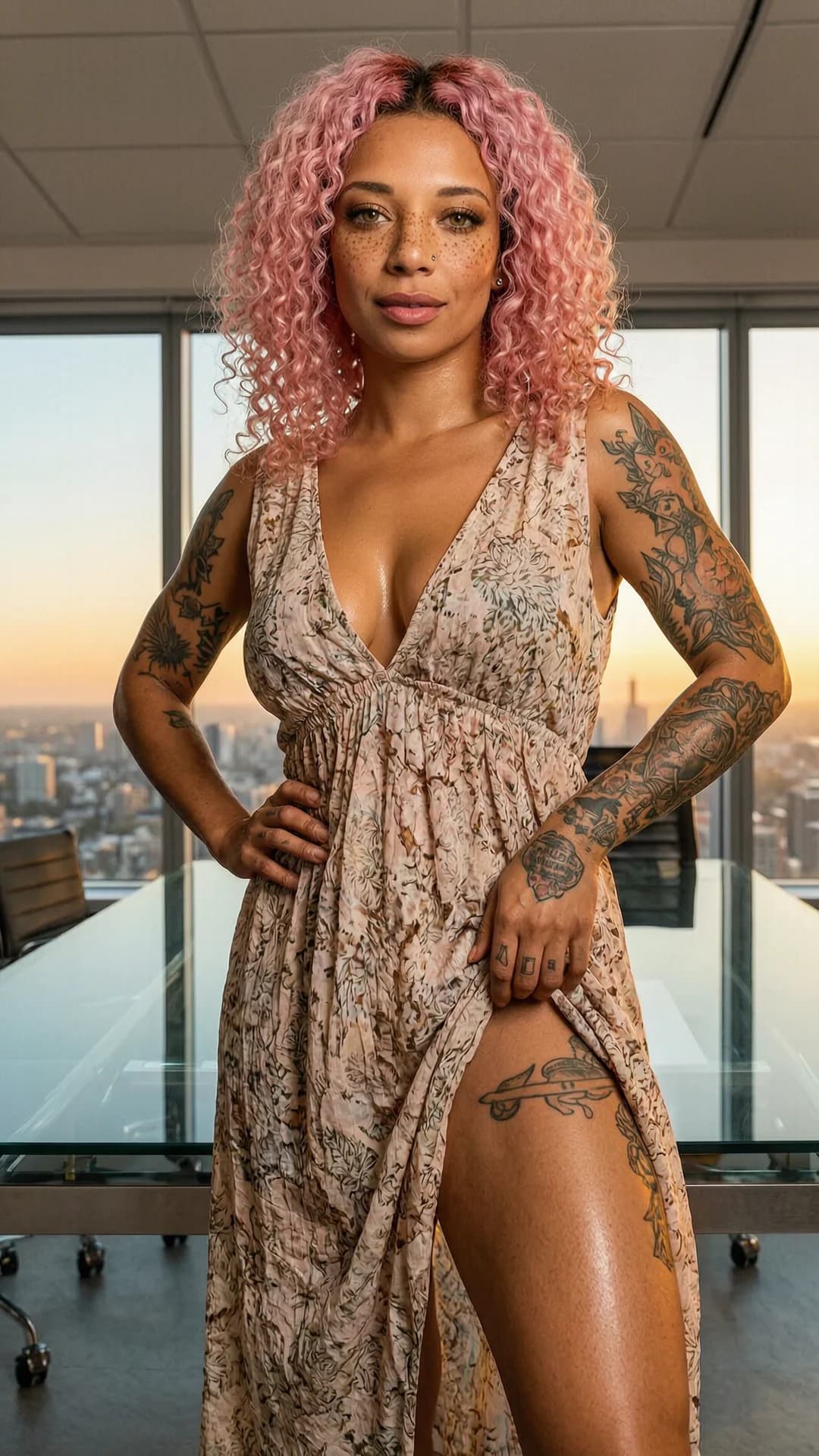 30-year-old Latina woman with muscular body, pink curly hair, yellow eyes, freckles across her nose and cheeks, intricate tattoos on her arms and shoulders, nipple piercings visible through thin fabric, wearing a light flowy summer dress that clings to her toned curves and hints at her aroused state with hardened nipples pressing against the sheer material, standing confidently in a modern office setting with sleek glass desks, large windows showing city skyline at golden hour sunset, warm ambient lighting casting soft shadows and a sensual glow on her sun-kissed skin with subtle sheen of perspiration, medium close-up from low front angle emphasizing her powerful legs and hips, dynamic pose with one hand on hip and the other lifting the dress hem teasingly to mid-thigh revealing thigh tattoos, body arched slightly forward with muscle tension in abs and shoulders, breasts full and firm heaving with breath, intense upward eye contact with playful seductive hunger and lips parted in invitation, mood of confident erotic allure in professional taboo space, flawless anatomy, no extra digits, no extra limbs, realistic skin texture, high-detail.