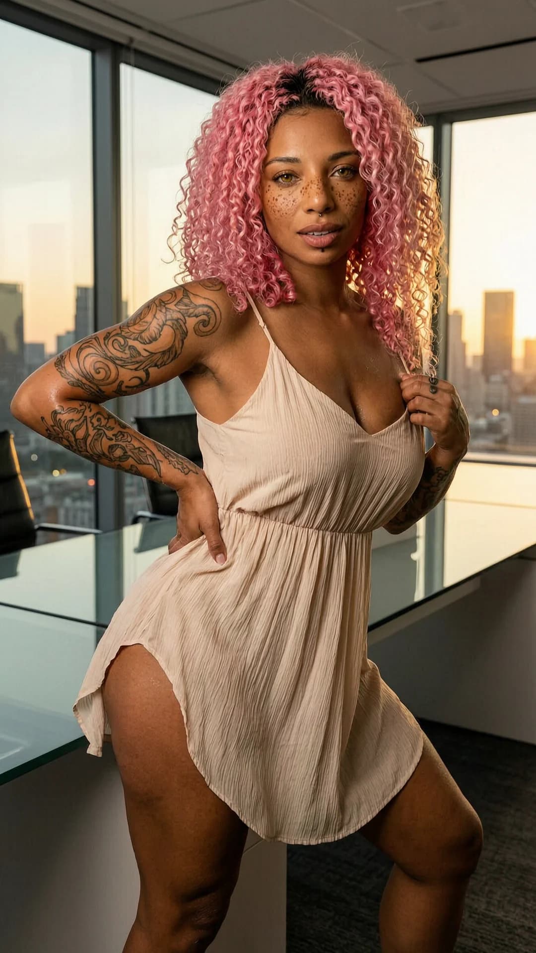 30-year-old Latina woman with muscular toned physique, vibrant pink curly hair cascading over shoulders, striking yellow eyes, freckles dusting her nose and cheeks, intricate tattoos swirling across her arms and shoulders, nipple piercings prominently visible through taut thin fabric, wearing a light flowy summer dress that clings seductively to her powerful curves hinting at her aroused state with erect nipples straining against the fabric and subtle dampness outlining her aroused pussy lips, standing confidently in a modern office with sleek glass desks and expansive windows revealing a glittering city skyline at golden hour sunset, soft warm lighting casting dramatic golden highlights and long shadows across her sun-kissed bronzed skin with a subtle sheen of light perspiration emphasizing muscle definition in her abs, thighs, and glutes, medium close-up from low front angle emphasizing her powerful legs spread slightly apart, wide hips, and arched lower back with dynamic pose one hand planted firmly on hip thrusting pelvis forward while the other seductively adjusts her slipping dress strap exposing more cleavage, body tensed with erotic anticipation breasts heaving slightly nipples diamond-hard and pierced, thighs flexed with visible quiver of arousal wetness seeping through dress fabric at crotch, intense upward eye contact with playful lustful hunger full lips parted in a teasing smile tongue tip visible moist skin flushed with heat, flawless anatomy no extra digits no extra limbs realistic skin texture high-detail.