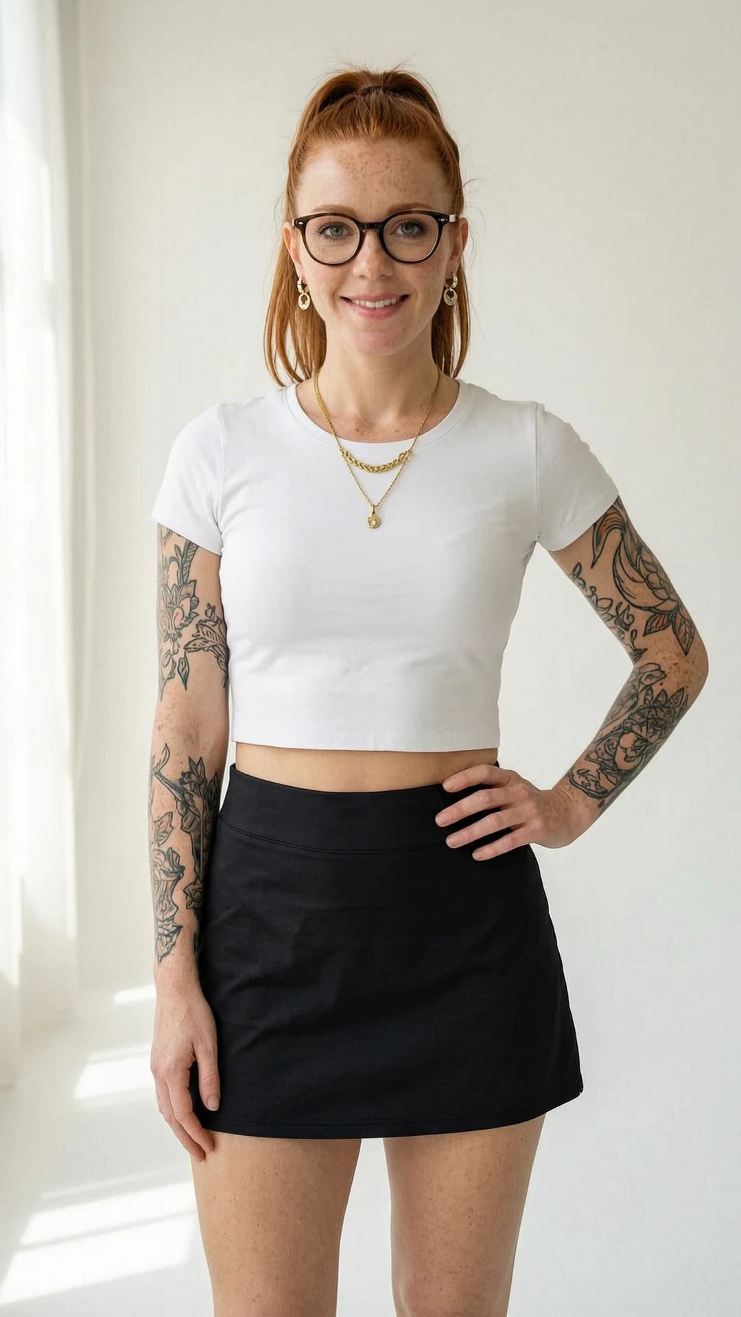 A 30-year-old Caucasian woman with red hair in a ponytail, green eyes, fit body, freckles across her cheeks, visible tattoos on her arms, and wearing stylish glasses, dressed in a short black tennis skirt and tight white crop top shirt that reveals her midriff, standing confidently in a full body shot from a straight-on eye-level camera angle in a bright sunlit studio with soft natural lighting, relaxed yet poised stance with one hand on her hip, direct eye contact with the viewer and a warm genuine smile, lips slightly parted, wearing an elegant necklace and beautiful earrings, mood confident and approachable, Flawless anatomy, no extra digits, no extra limbs, realistic skin texture, high-detail.