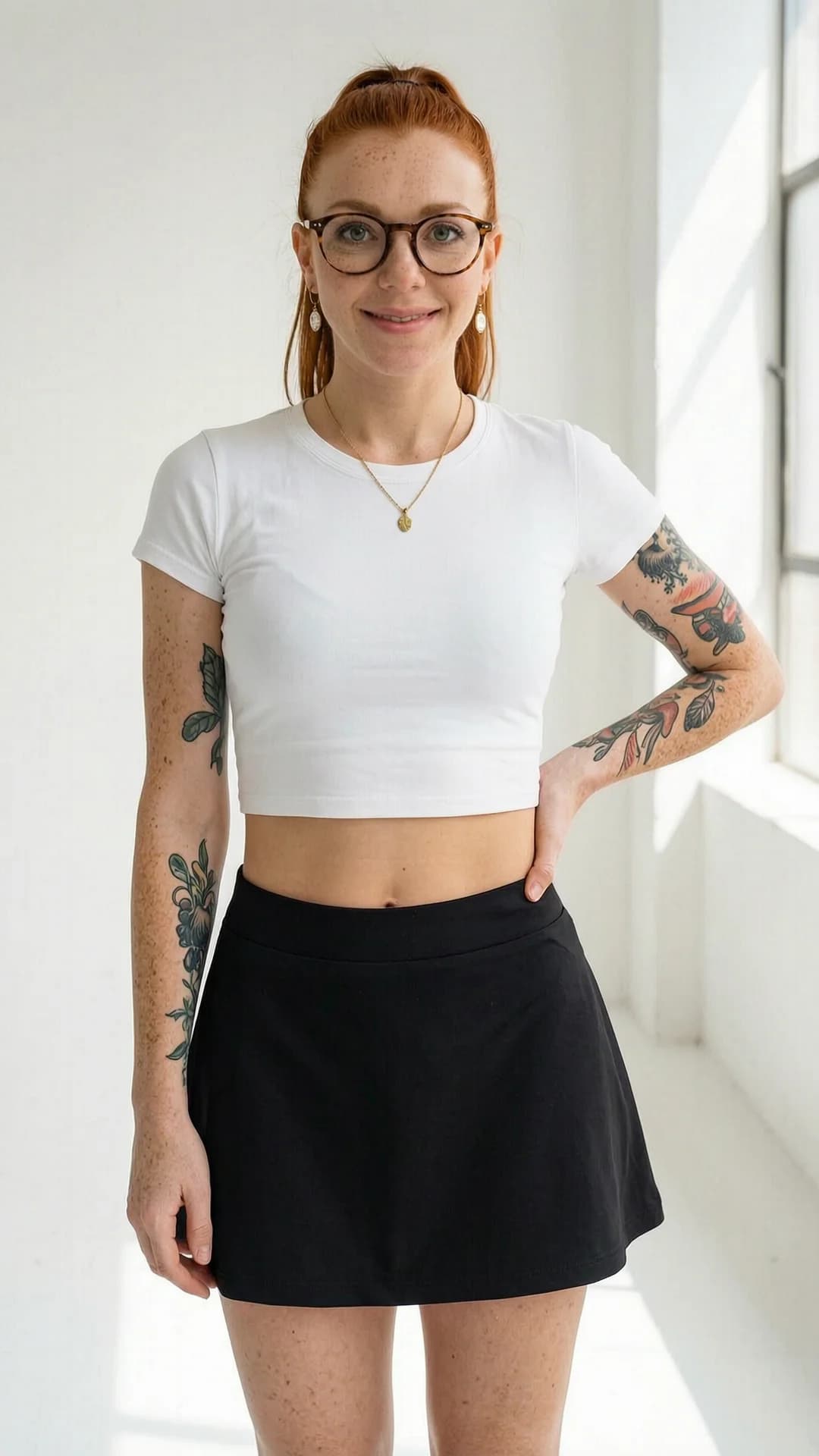 A 30-year-old Caucasian woman with red hair in a ponytail, green eyes, fit body, freckles across her cheeks, visible tattoos on her arms, and wearing stylish glasses, dressed in a short black tennis skirt and tight white crop top shirt that reveals her midriff, standing confidently in a full body shot from a straight-on eye-level camera angle in a bright sunlit studio with soft natural lighting, relaxed yet poised stance with one hand on her hip, direct eye contact with the viewer and a warm genuine smile, lips slightly parted, wearing an elegant necklace and beautiful earrings, mood confident and approachable, Flawless anatomy, no extra digits, no extra limbs, realistic skin texture, high-detail.
