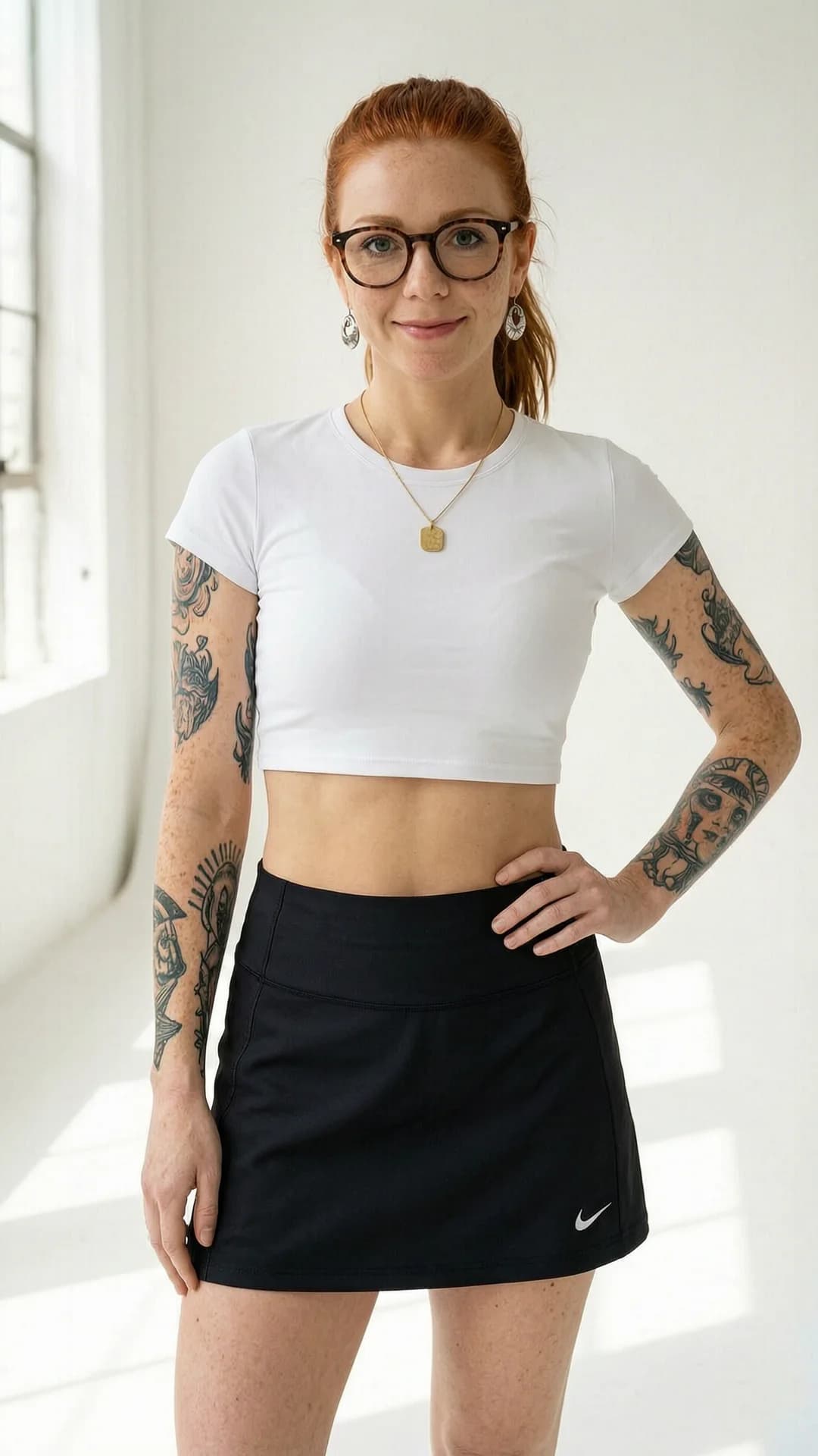 A 30-year-old Caucasian woman with red hair in a ponytail, green eyes, fit body, freckles across her cheeks, visible tattoos on her arms, and wearing stylish glasses, dressed in a short black tennis skirt and tight white crop top shirt that reveals her midriff, standing confidently in a full body shot from a straight-on eye-level camera angle in a bright sunlit studio with soft natural lighting, relaxed yet poised stance with one hand on her hip, direct eye contact with the viewer and a warm genuine smile, lips slightly parted, wearing an elegant necklace and beautiful earrings, mood confident and approachable, Flawless anatomy, no extra digits, no extra limbs, realistic skin texture, high-detail.