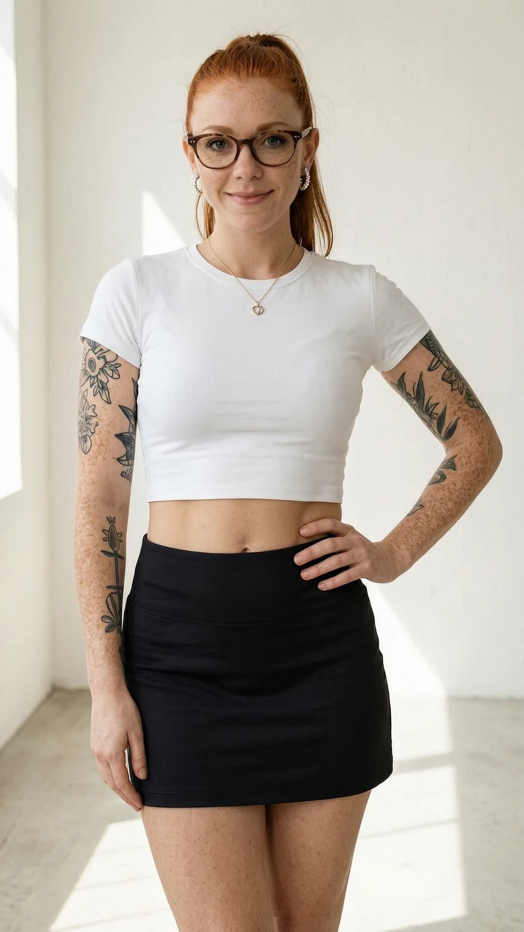 A 30-year-old Caucasian woman with red hair in a ponytail, green eyes, fit body, freckles across her cheeks, visible tattoos on her arms, and wearing stylish glasses, dressed in a short black tennis skirt and tight white crop top shirt that reveals her midriff, standing confidently in a full body shot from a straight-on eye-level camera angle in a bright sunlit studio with soft natural lighting, relaxed yet poised stance with one hand on her hip, direct eye contact with the viewer and a warm genuine smile, lips slightly parted, wearing an elegant necklace and beautiful earrings, mood confident and approachable, Flawless anatomy, no extra digits, no extra limbs, realistic skin texture, high-detail.