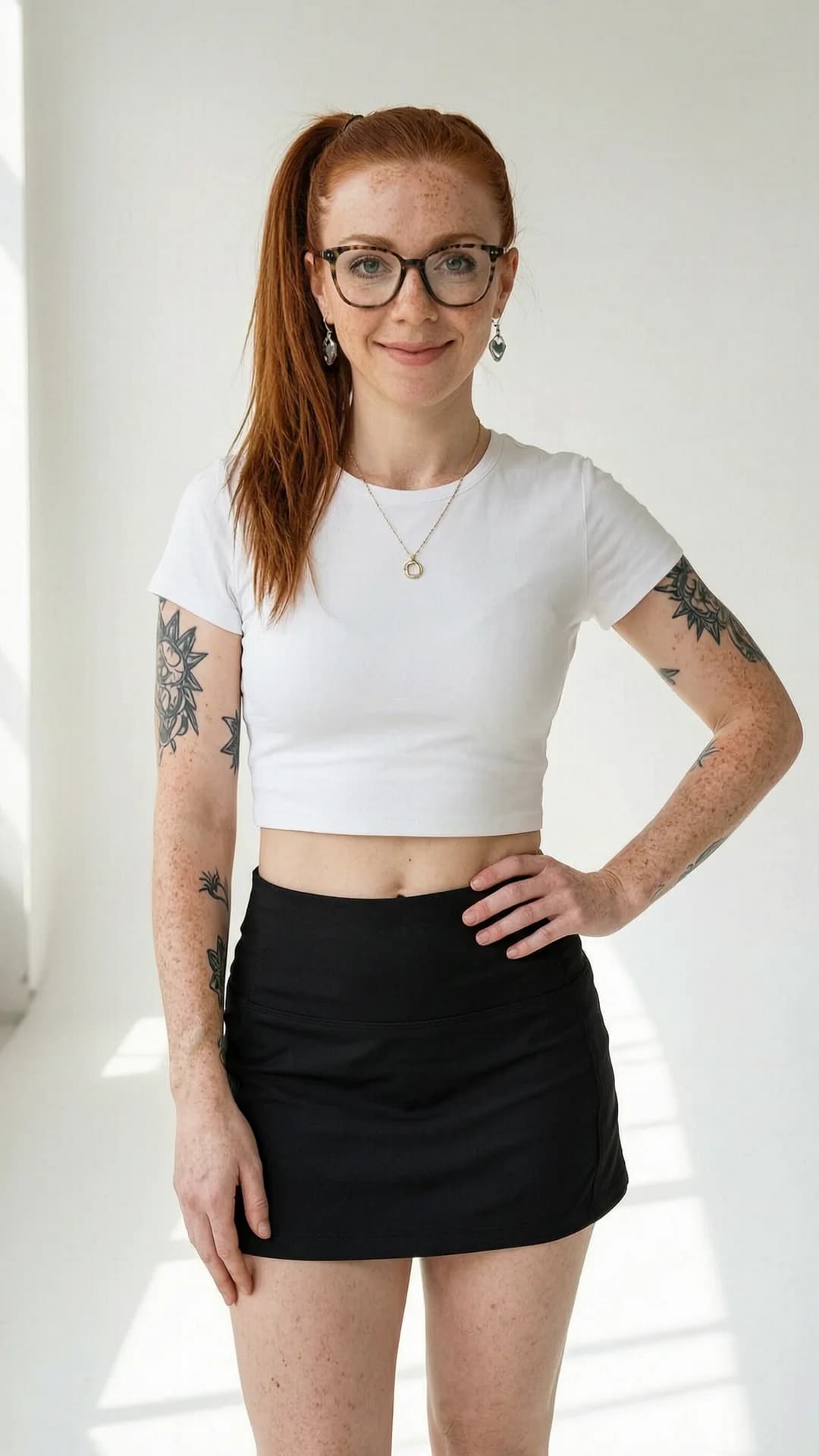 A 30-year-old Caucasian woman with red hair in a ponytail, green eyes, fit body, freckles across her cheeks, visible tattoos on her arms, and wearing stylish glasses, dressed in a short black tennis skirt and tight white crop top shirt that reveals her midriff, standing confidently in a full body shot from a straight-on eye-level camera angle in a bright sunlit studio with soft natural lighting, relaxed yet poised stance with one hand on her hip, direct eye contact with the viewer and a warm genuine smile, lips slightly parted, wearing an elegant necklace and beautiful earrings, mood confident and approachable, Flawless anatomy, no extra digits, no extra limbs, realistic skin texture, high-detail.