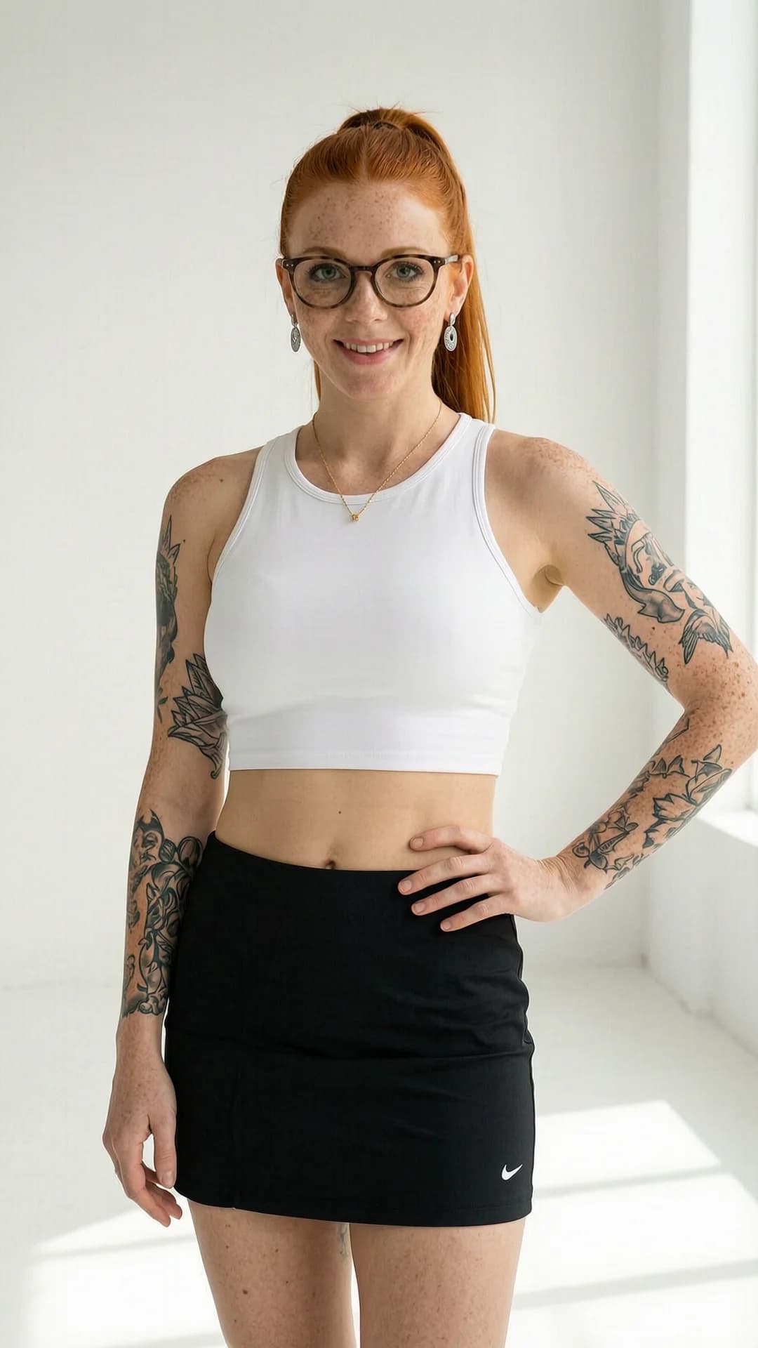 A 30-year-old Caucasian woman with red hair in a ponytail, green eyes, fit body, freckles across her cheeks, visible tattoos on her arms, and wearing stylish glasses, dressed in a short black tennis skirt and tight white crop top shirt that reveals her midriff, standing confidently in a full body shot from a straight-on eye-level camera angle in a bright sunlit studio with soft natural lighting, relaxed yet poised stance with one hand on her hip, direct eye contact with the viewer and a warm genuine smile, lips slightly parted, wearing an elegant necklace and beautiful earrings, mood confident and approachable, Flawless anatomy, no extra digits, no extra limbs, realistic skin texture, high-detail.