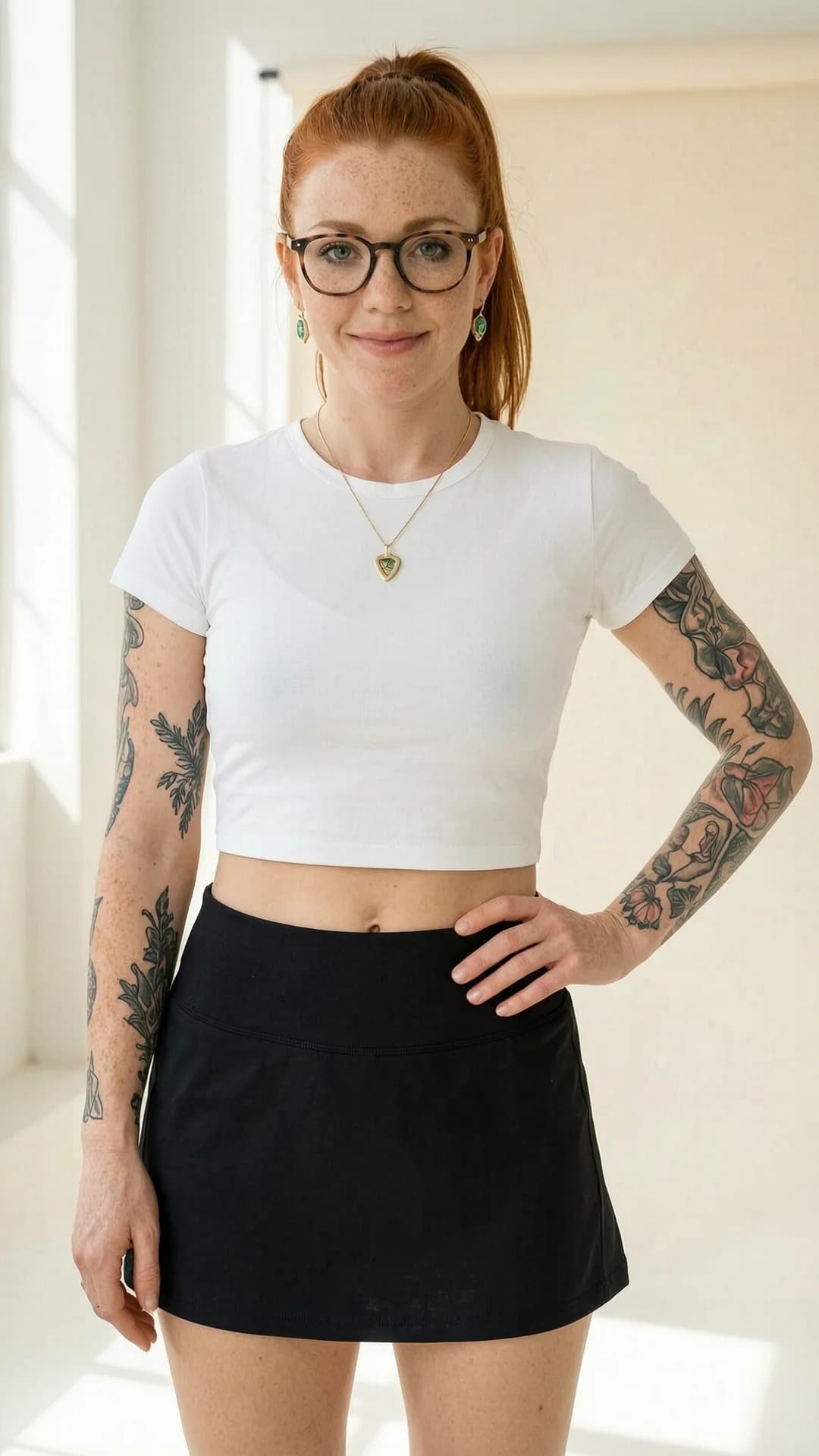 A 30-year-old Caucasian woman with red hair in a ponytail, green eyes, fit body, freckles across her cheeks, visible tattoos on her arms, and wearing stylish glasses, dressed in a short black tennis skirt and tight white crop top shirt that reveals her midriff, standing confidently in a full body shot from a straight-on eye-level camera angle in a bright sunlit studio with soft natural lighting, relaxed yet poised stance with one hand on her hip, direct eye contact with the viewer and a warm genuine smile, lips slightly parted, wearing an elegant necklace and beautiful earrings, mood confident and approachable, Flawless anatomy, no extra digits, no extra limbs, realistic skin texture, high-detail.
