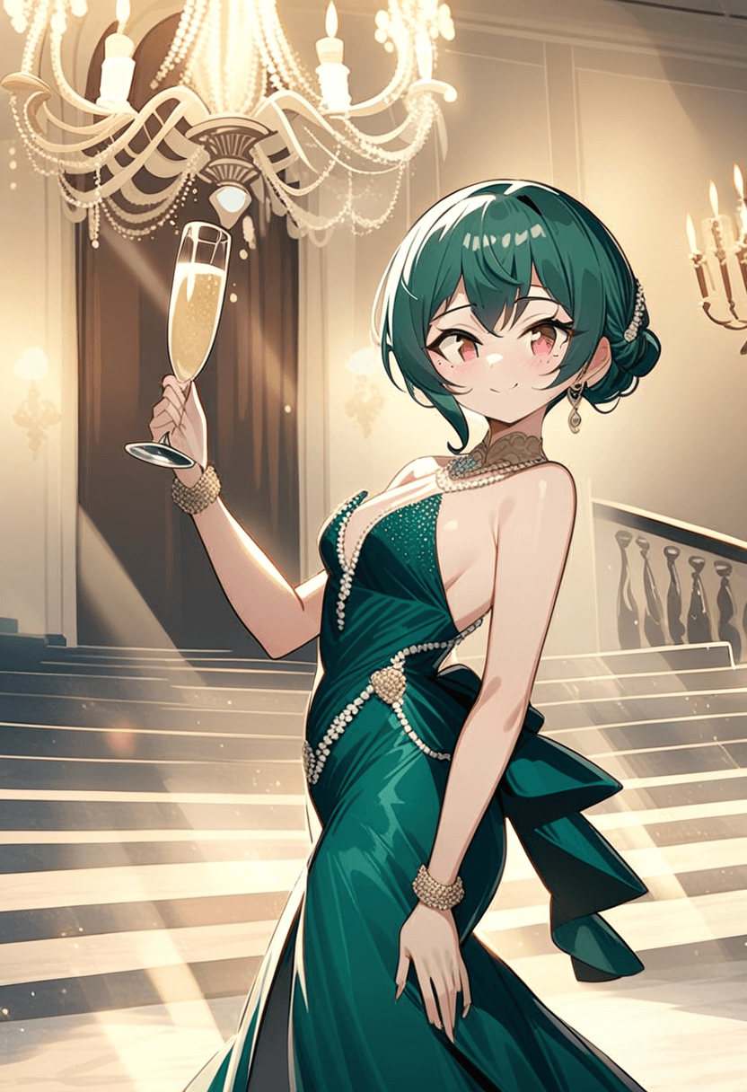 Sophisticated woman in flowing emerald evening gown, standing on marble staircase at luxury venue, chandelier lighting creating glamorous atmosphere, pearl jewelry, elegant updo hairstyle, holding champagne glass, fashion photography style, confident posture