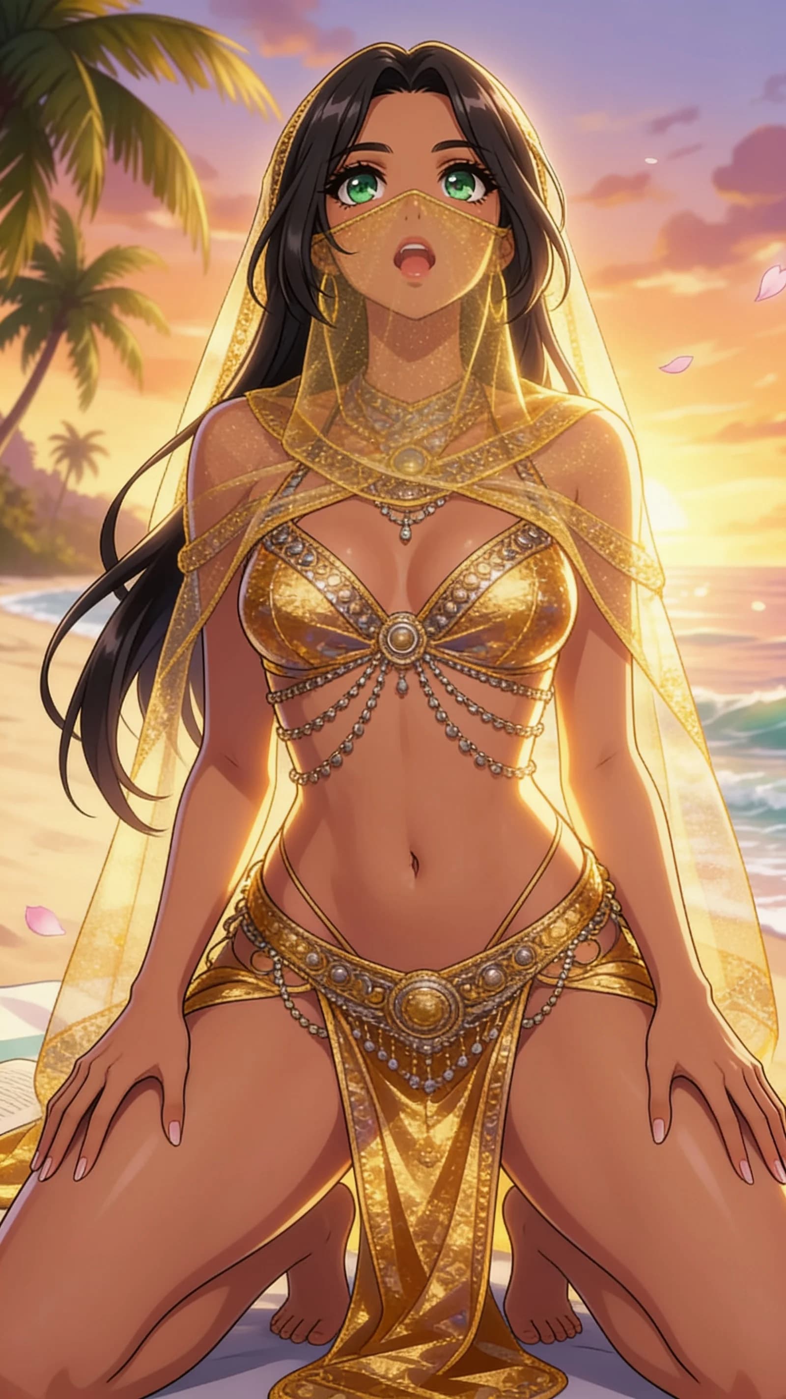anime style, 2D cel-shaded anime illustration, anime key visual, flat cel shading, clean bold line art, vibrant saturated colors, large detailed expressive anime eyes with crisp catchlights, flat 2D rendering, not photorealistic, not 3D render, 21-year-old Latina woman with long black hair, green eyes, fit body type, dressed as an Indian belly dancer in a highly revealing golden outfit with intricate metallic chains barely covering her breasts and hips, sheer golden veil over her face, vulgar indecent pose seducing her master with hips thrust forward and thighs spread wide in a lewd squat, waist-up to mid-thigh vertical composition centered in frame, strict first-person POV looking down, intense upward eye contact with seductive lust, lips parted and tongue slightly visible, warm golden-hour rim lighting casting sensual highlights on her skin and fabric folds, nsfw, detailed anime cel shading, crisp clean linework, correct anatomy, hands cleanly drawn with five fingers, studio-quality anime key visual; avoid: photorealistic, 3D render, extra fingers, deformed hands, blurry, low detail.