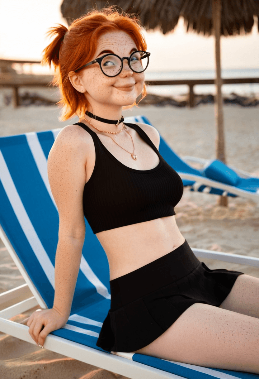 Wearing short black tennis skirt and a crop top shirt, portrait picture, looking at the viewer with a smile, tanning on a beach lounger, wearing an elegant necklace, wearing a fashionable choker, in a modern office setting