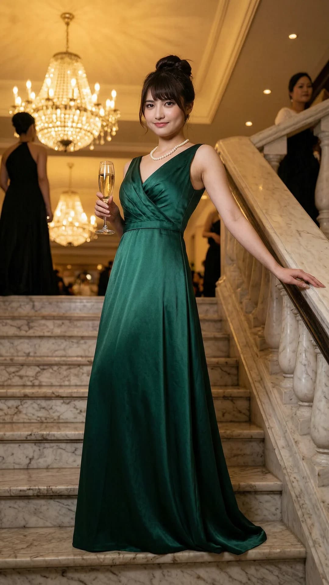 A 24-year-old Asian woman with a skinny body type, brunette hair with bangs styled in an elegant updo, and brown eyes, wearing a flowing emerald evening gown with pearl jewelry, standing confidently on a marble staircase at a luxury venue under warm chandelier lighting creating a glamorous atmosphere, holding a champagne glass in one hand with the other resting lightly on the banister, elegant posture with hips slightly angled, medium full-body fashion photography shot from a low three-quarter angle looking upward, direct confident eye contact with the viewer conveying sophisticated poise and subtle allure, lips gently parted in an elegant smile, cinematic lighting highlighting the silky fabric texture and skin sheen, Flawless anatomy, no extra digits, no extra limbs, realistic skin texture, high-detail.
