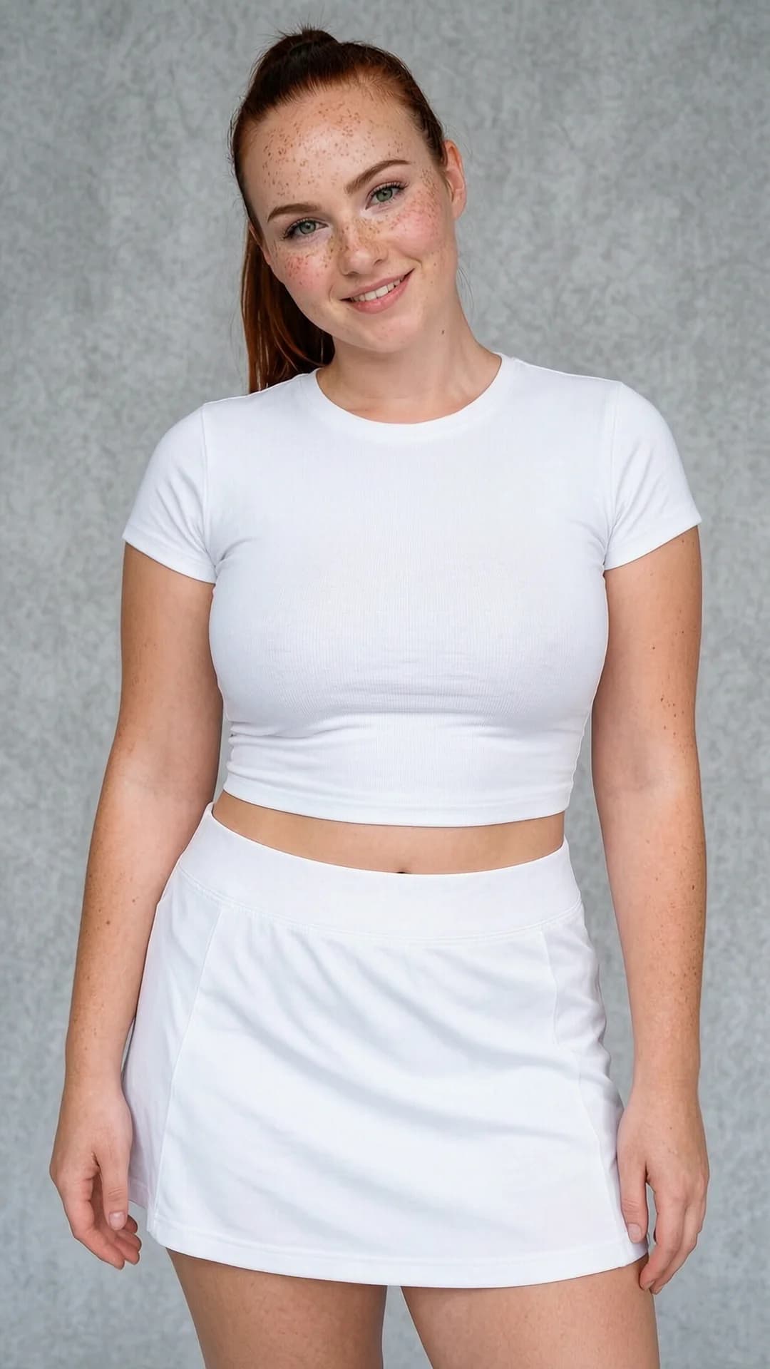 A 21-year-old Caucasian woman with red hair in a ponytail, green eyes, chubby body type, and freckles across her face, wearing a short white tennis skirt and a tight white crop top shirt that exposes her midriff, standing in a relaxed pose with hands lightly resting at her sides and soft chubby body contours gently pressing against the fabric, medium close-up front-facing portrait from eye level with direct eye contact and a warm genuine smile, soft natural daylight illuminating her features, cheerful and approachable mood, subtle fabric texture on clothing, chubby cheeks and soft body contours visible, Flawless anatomy, no extra digits, no extra limbs, realistic skin texture, high-detail.