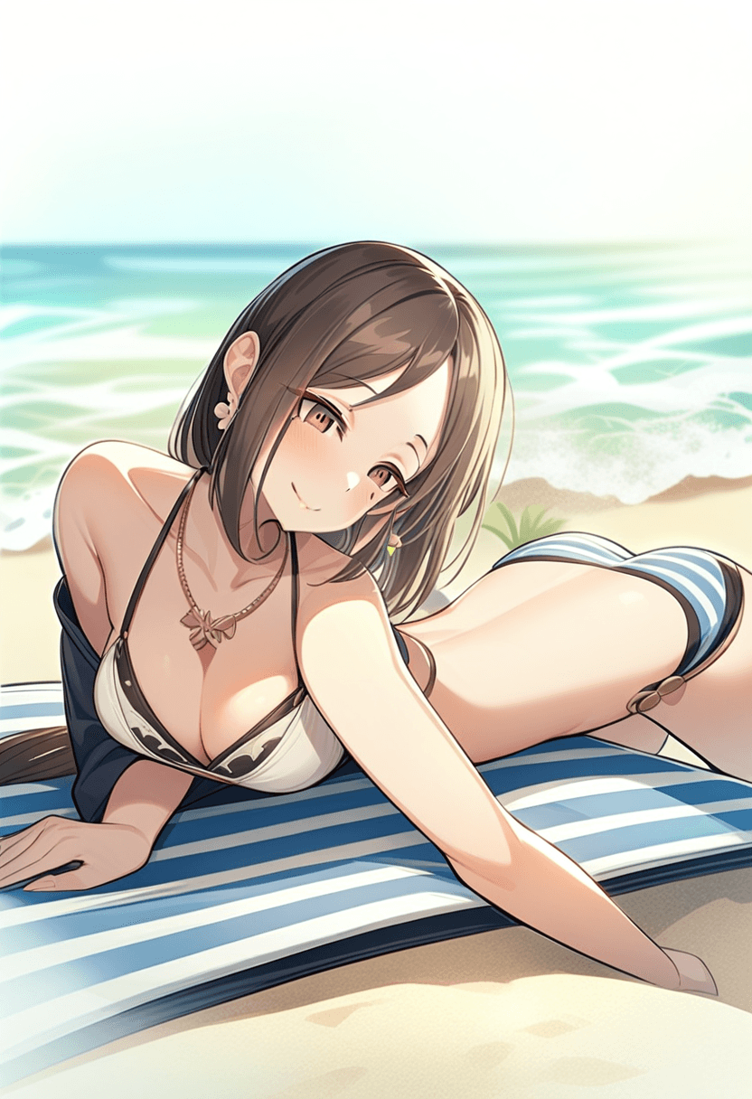 wearing a stylish bikini on the beach bending over, tanning on a beach lounger, wearing beautiful earrings, wearing an elegant necklace, on a sunny beach with ocean waves