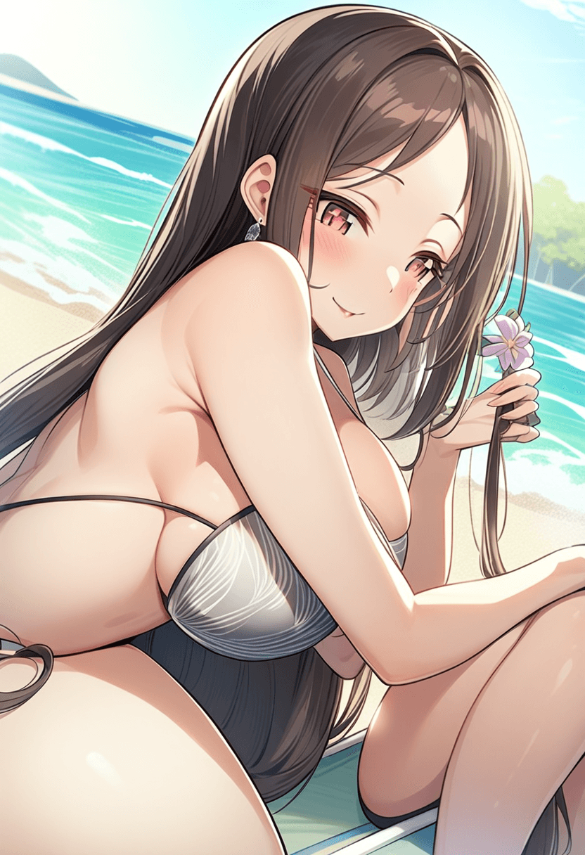 a 24-year-old latina woman with a fit body type, large breasts, and large butt, wearing a stylish anime-style bikini on a sunny beach with ocean waves, bending over on a beach lounger, tanning with her beautiful latina features accentuated, adorned with elegant anime-style earrings and an elegant necklace, her long dark hair flowing in the ocean breeze.