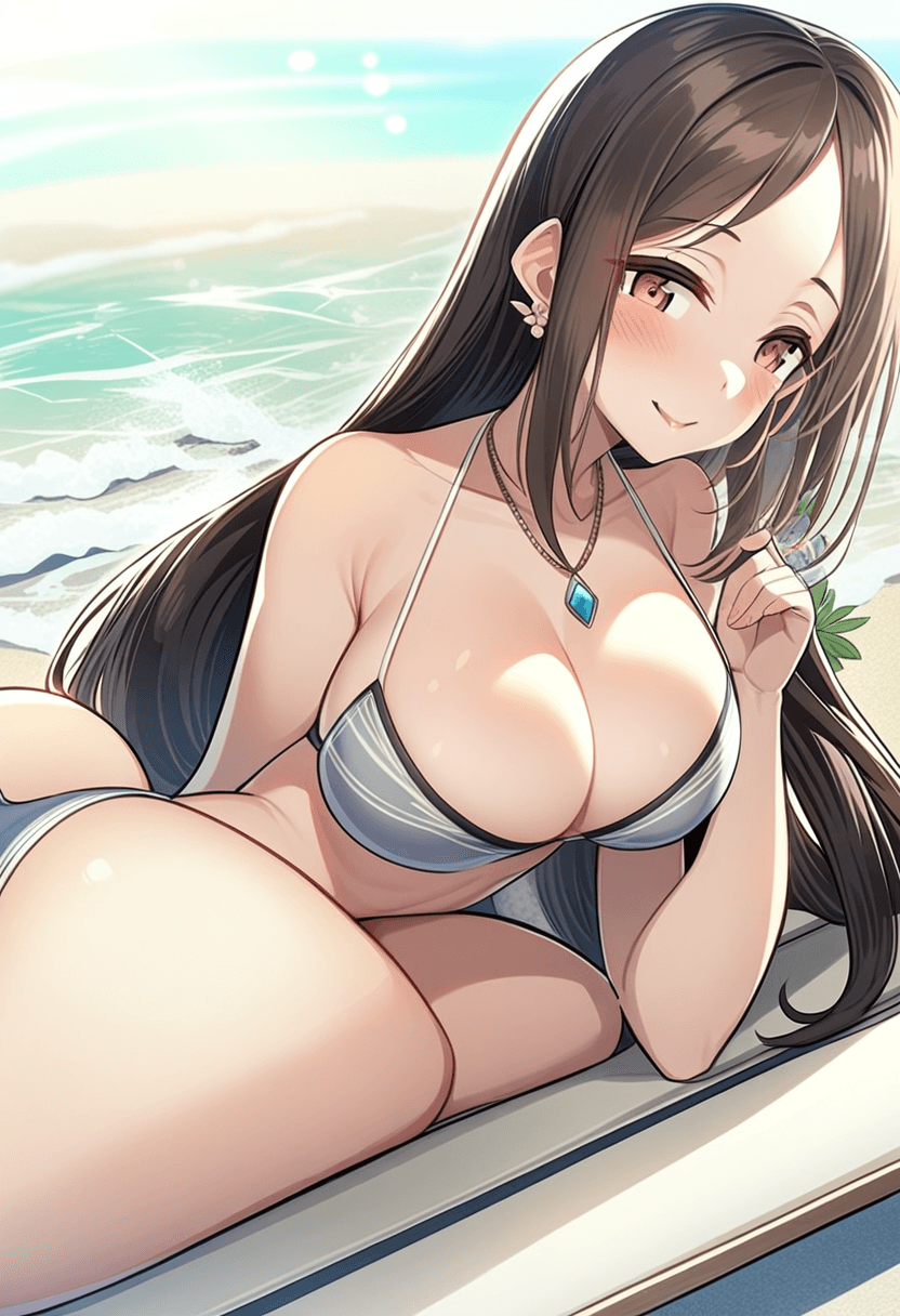 a 24-year-old latina woman with a fit body type, large breasts, and large butt, wearing a stylish anime-style bikini on a sunny beach with ocean waves, bending over on a beach lounger, tanning with her beautiful latina features accentuated, adorned with elegant anime-style earrings and an elegant necklace, her long dark hair flowing in the ocean breeze.