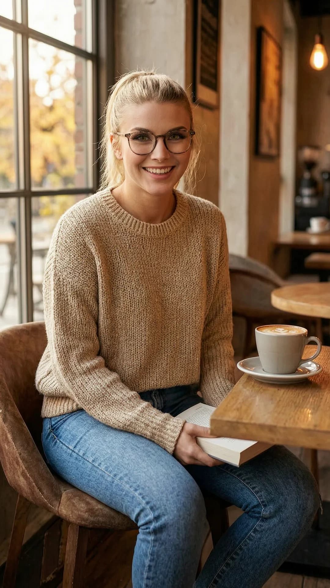 24-year-old caucasian woman with blonde ponytail, yellow eyes, fit body type, belly piercings and visible pubic hair, wearing stylish glasses, fitted jeans and cozy oversized sweater, sitting casually in a trendy coffee shop with latte on the table, natural sunlight through large windows, warm autumn colors, holding book, relaxed pose with legs slightly apart, genuine laughing expression and intense direct eye contact with the viewer, comfortable approachable vibe, casual lifestyle photography, medium close-up from front angle, body relaxed with natural breast position under sweater, flawless anatomy, no extra digits, no extra limbs, realistic skin texture, high-detail.