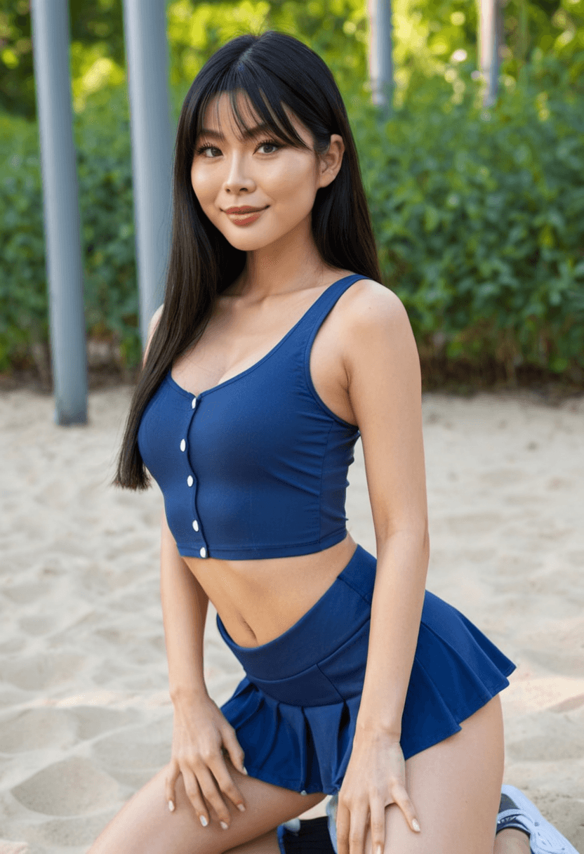 Wearing short black tennis skirt and a crop top shirt, portrait picture, looking at the viewer with a smile, wearing a light flowy summer dress, sitting casually, relaxed pose, working out at the gym, athletic activity, swimming in clear blue water, stretching gracefully, standing confidently, full body shot, wearing stylish glasses, in a cozy bedroom setting, in a modern office setting, in a lush green forest, wearing fitted blue jeans, wearing a stylish fitted jumpsuit, wearing a fashionable mini skirt, wearing a stylish bikini on the beach, wearing an elegant knee-length skirt