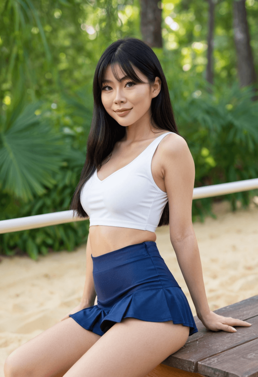 Wearing short black tennis skirt and a crop top shirt, portrait picture, looking at the viewer with a smile, wearing a light flowy summer dress, sitting casually, relaxed pose, working out at the gym, athletic activity, swimming in clear blue water, stretching gracefully, standing confidently, full body shot, wearing stylish glasses, in a cozy bedroom setting, in a modern office setting, in a lush green forest, wearing fitted blue jeans, wearing a stylish fitted jumpsuit, wearing a fashionable mini skirt, wearing a stylish bikini on the beach, wearing an elegant knee-length skirt