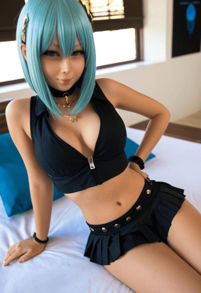 Wearing short black tennis skirt and a crop top shirt, portrait picture, looking at the viewer with a smile, wearing a stylish bikini on the beach, tanning on a beach lounger, wearing a fashionable choker, in a cozy bedroom setting