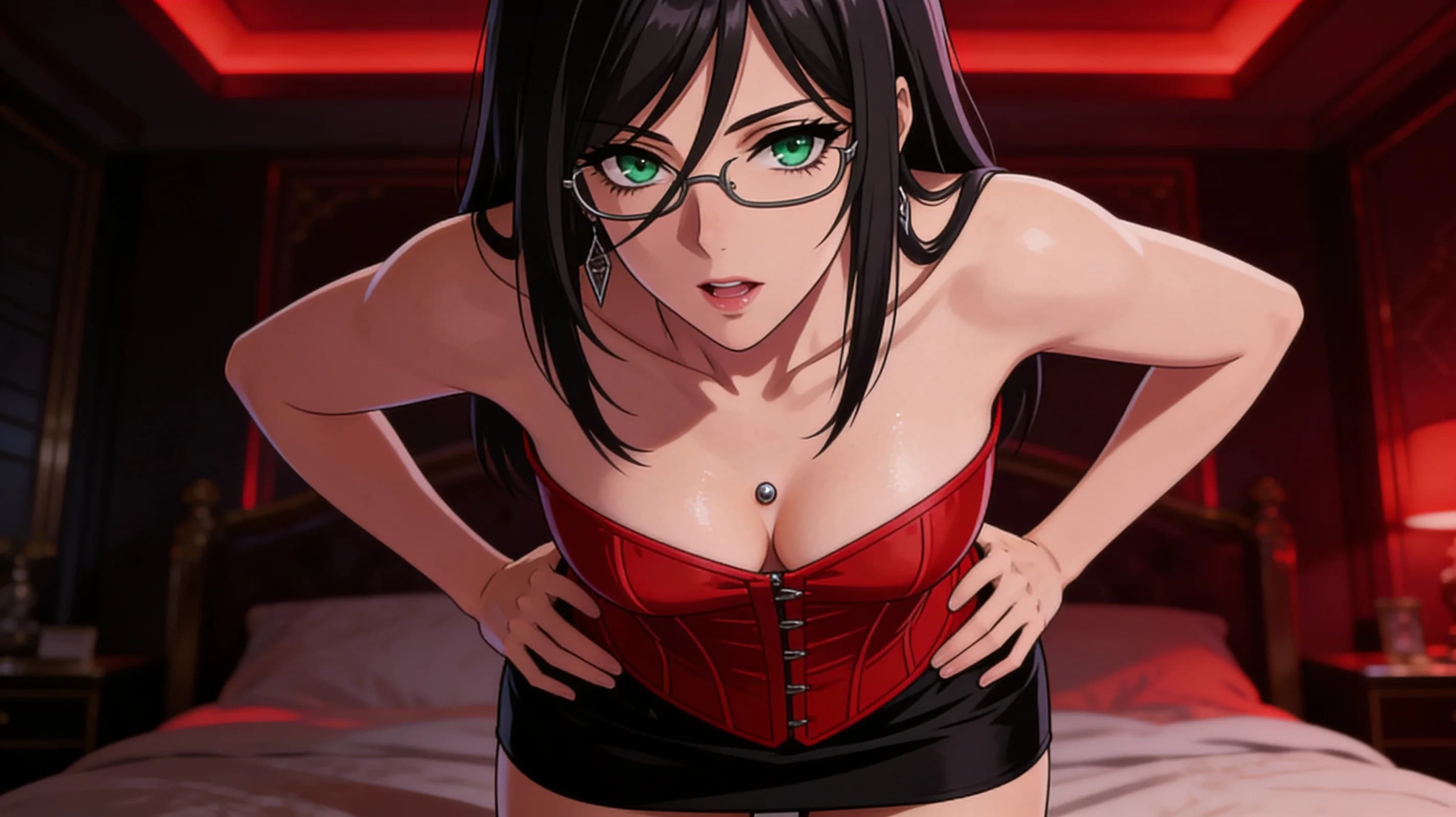 A 32-year-old caucasian woman with straight black hair, green eyes, skinny body type, wearing glasses and visible nipple piercings beneath a tight red corset paired with a short black skirt, standing in a dimly lit luxurious bedroom with soft red ambient lighting, posing with hands on hips and slight forward lean to emphasize her figure, medium close-up from a low front angle capturing her full torso and face, intense direct eye contact with seductive confidence and parted lips, subtle skin sheen on collarbone, natural clothing folds on the corset and skirt, anime style, high-quality illustration. Flawless anatomy, no extra digits, no extra limbs, detailed anime shading, high-quality illustration.