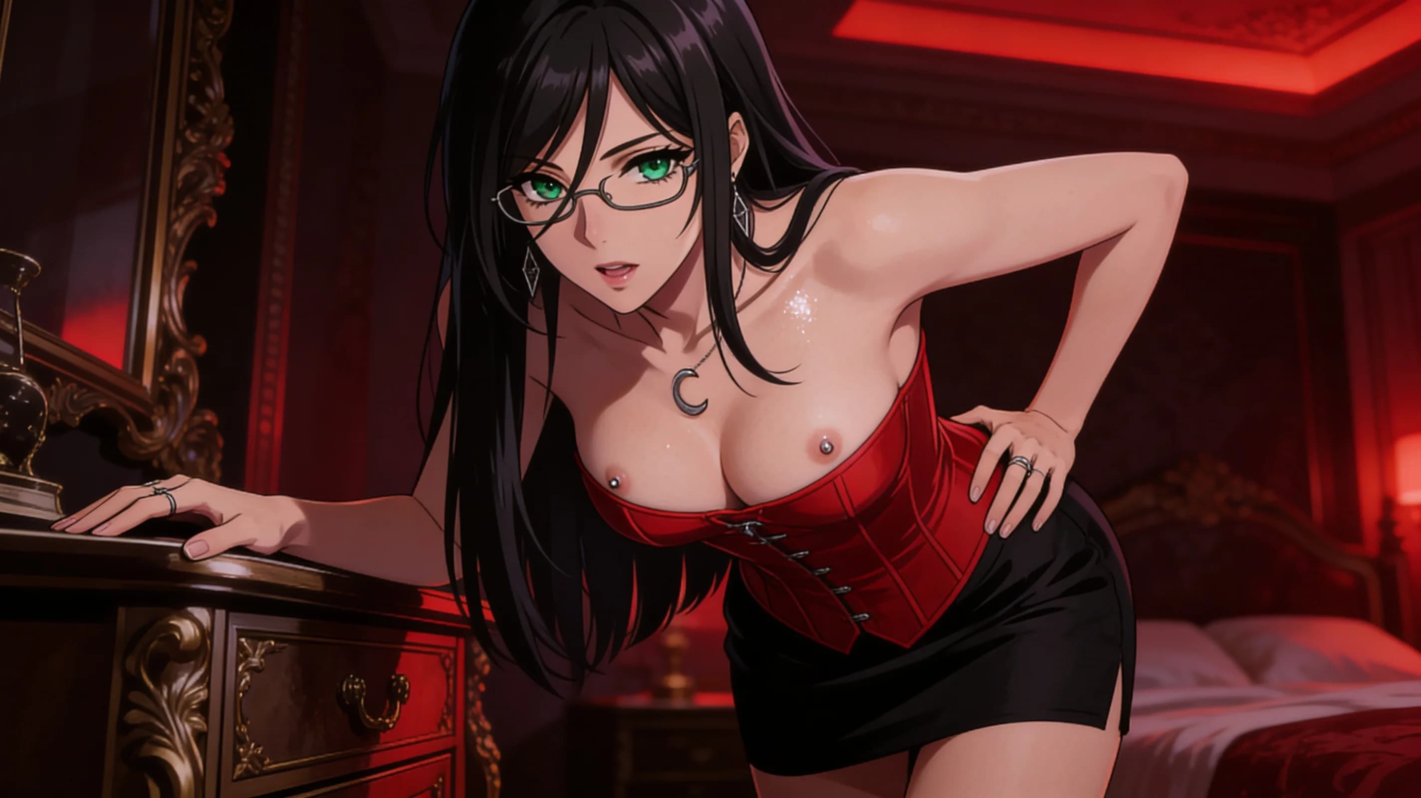 A 32-year-old caucasian woman with straight black hair, green eyes, skinny body type, wearing glasses and visible nipple piercings beneath a tight red corset paired with a short black skirt, standing in a dimly lit luxurious bedroom with soft red ambient lighting, posing with hands on hips and slight forward lean to emphasize her figure, medium close-up from a low front angle capturing her full torso and face, intense direct eye contact with seductive confidence and parted lips, subtle skin sheen on collarbone, natural clothing folds on the corset and skirt, anime style, high-quality illustration. Flawless anatomy, no extra digits, no extra limbs, detailed anime shading, high-quality illustration.