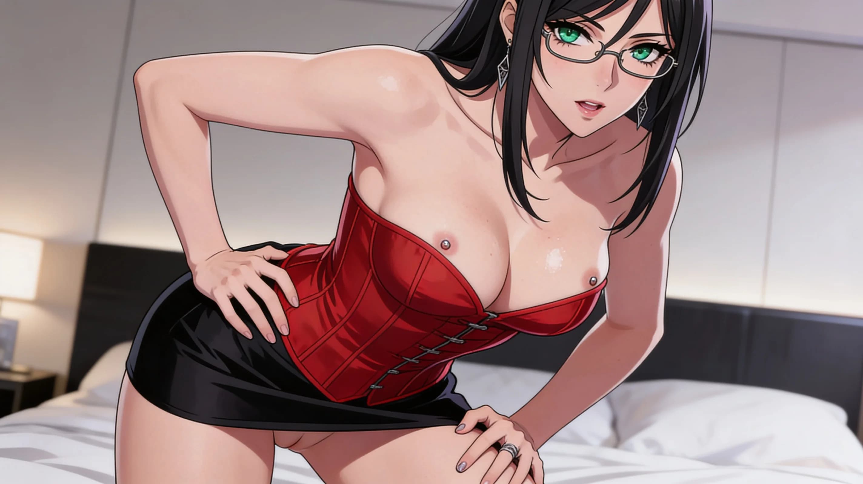 32-year-old caucasian woman with straight black hair, green eyes, skinny body type, wearing glasses and visible nipple piercings, dressed in a tight red corset that accentuates her figure with natural fabric folds and a very short black skirt, no underwear, standing in a seductive pose with one hand on her hip and the other lightly touching her thigh in a softly lit modern bedroom setting, medium close-up from a slight low angle, intense direct eye contact with seductive lust, lips parted, subtle blush marks and skin sheen across her chest, anime style, high-quality illustration, Flawless anatomy, no extra digits, no extra limbs, detailed anime shading, high-quality illustration.
