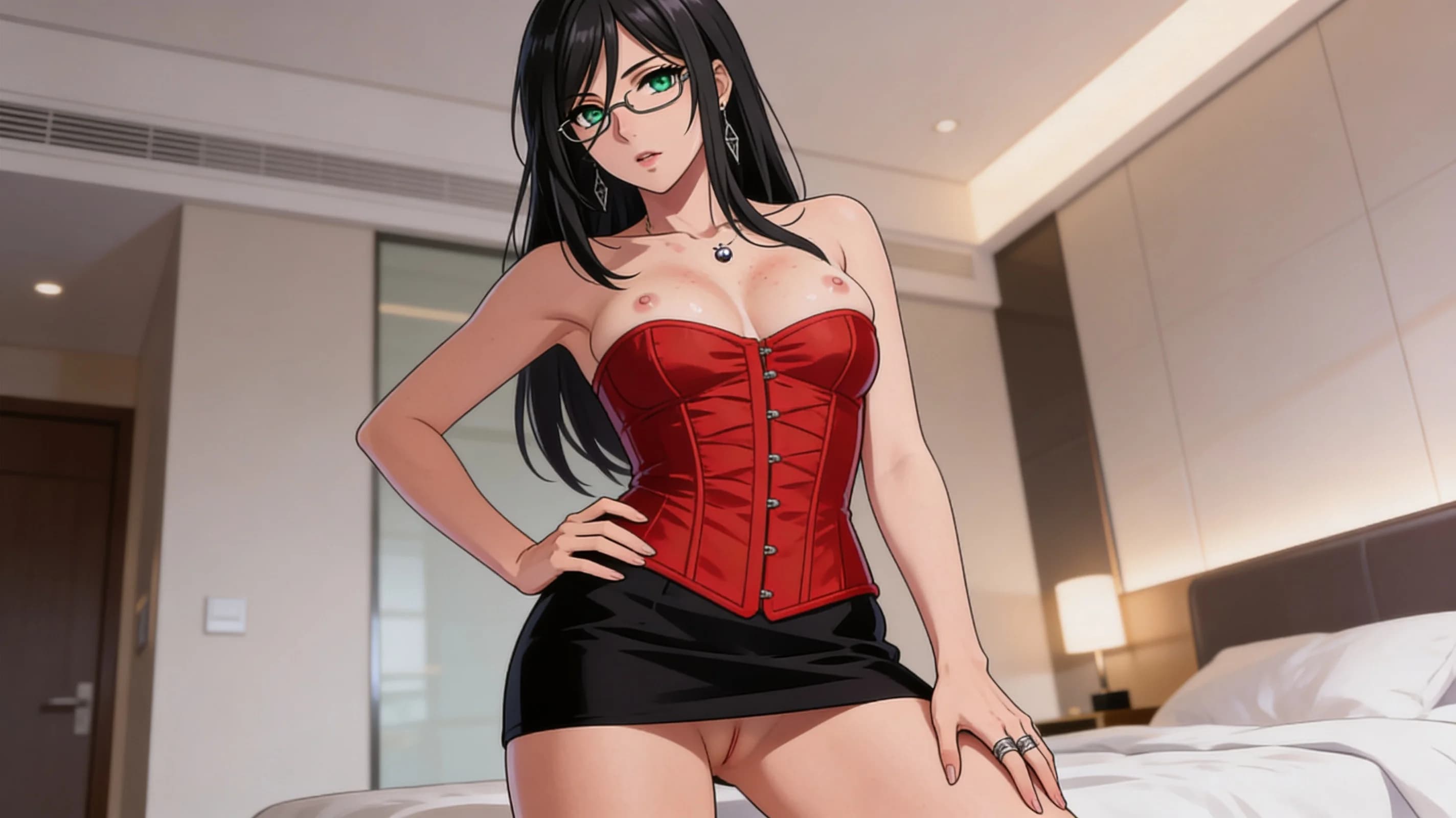 32-year-old caucasian woman with straight black hair, green eyes, skinny body type, wearing glasses and visible nipple piercings, dressed in a tight red corset that accentuates her figure with natural fabric folds and a very short black skirt, no underwear, standing in a seductive pose with one hand on her hip and the other lightly touching her thigh in a softly lit modern bedroom setting, medium close-up from a slight low angle, intense direct eye contact with seductive lust, lips parted, subtle blush marks and skin sheen across her chest, anime style, high-quality illustration, Flawless anatomy, no extra digits, no extra limbs, detailed anime shading, high-quality illustration.