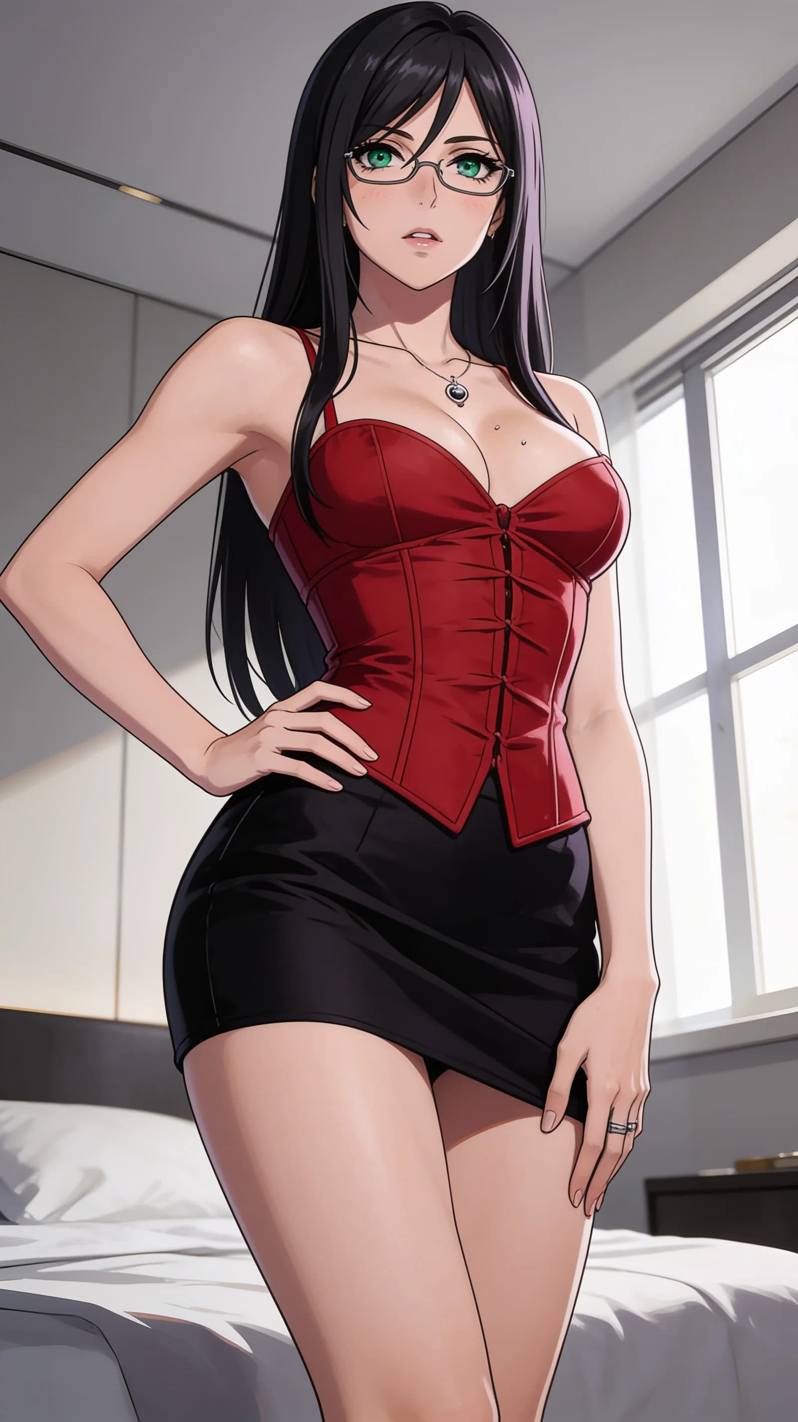 anime style, 2D cel-shaded anime illustration, anime key visual, flat cel shading, clean bold line art, vibrant saturated colors, large detailed expressive anime eyes with crisp catchlights, flat 2D rendering, not photorealistic, not 3D render, 32-year-old caucasian woman with straight black hair, green eyes, skinny body type, wearing glasses and visible nipple piercings, dressed in a tight red corset that accentuates her figure with natural fabric folds and a very short black skirt, no underwear, standing in a seductive pose with one hand on her hip and the other lightly touching her thigh in a softly lit modern bedroom setting, medium close-up from a slight low angle, intense direct eye contact with seductive lust, lips parted, subtle blush marks and skin sheen across her chest, nsfw, vertical 9:16 portrait composition with character centered and filling the frame head to mid-thigh, soft window light casting gentle highlights, detailed anime cel shading, crisp clean linework, correct anatomy, hands cleanly drawn with five fingers, studio-quality anime key visual; avoid: photorealistic, 3D render, extra fingers, deformed hands, blurry, low detail.