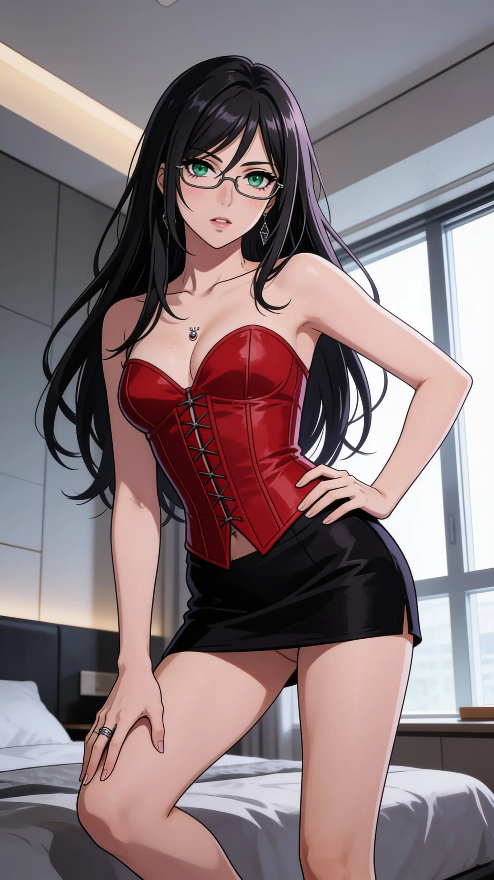 anime style, 2D cel-shaded anime illustration, anime key visual, flat cel shading, clean bold line art, vibrant saturated colors, large detailed expressive anime eyes with crisp catchlights, flat 2D rendering, not photorealistic, not 3D render, 32-year-old caucasian woman with straight black hair, green eyes, skinny body type, wearing glasses and visible nipple piercings, dressed in a tight red corset that accentuates her figure with natural fabric folds and a very short black skirt, no underwear, standing in a seductive pose with one hand on her hip and the other lightly touching her thigh in a softly lit modern bedroom setting, medium close-up from a slight low angle, intense direct eye contact with seductive lust, lips parted, subtle blush marks and skin sheen across her chest, nsfw, vertical 9:16 portrait composition with character centered and filling the frame head to mid-thigh, soft window light casting gentle highlights, detailed anime cel shading, crisp clean linework, correct anatomy, hands cleanly drawn with five fingers, studio-quality anime key visual; avoid: photorealistic, 3D render, extra fingers, deformed hands, blurry, low detail.