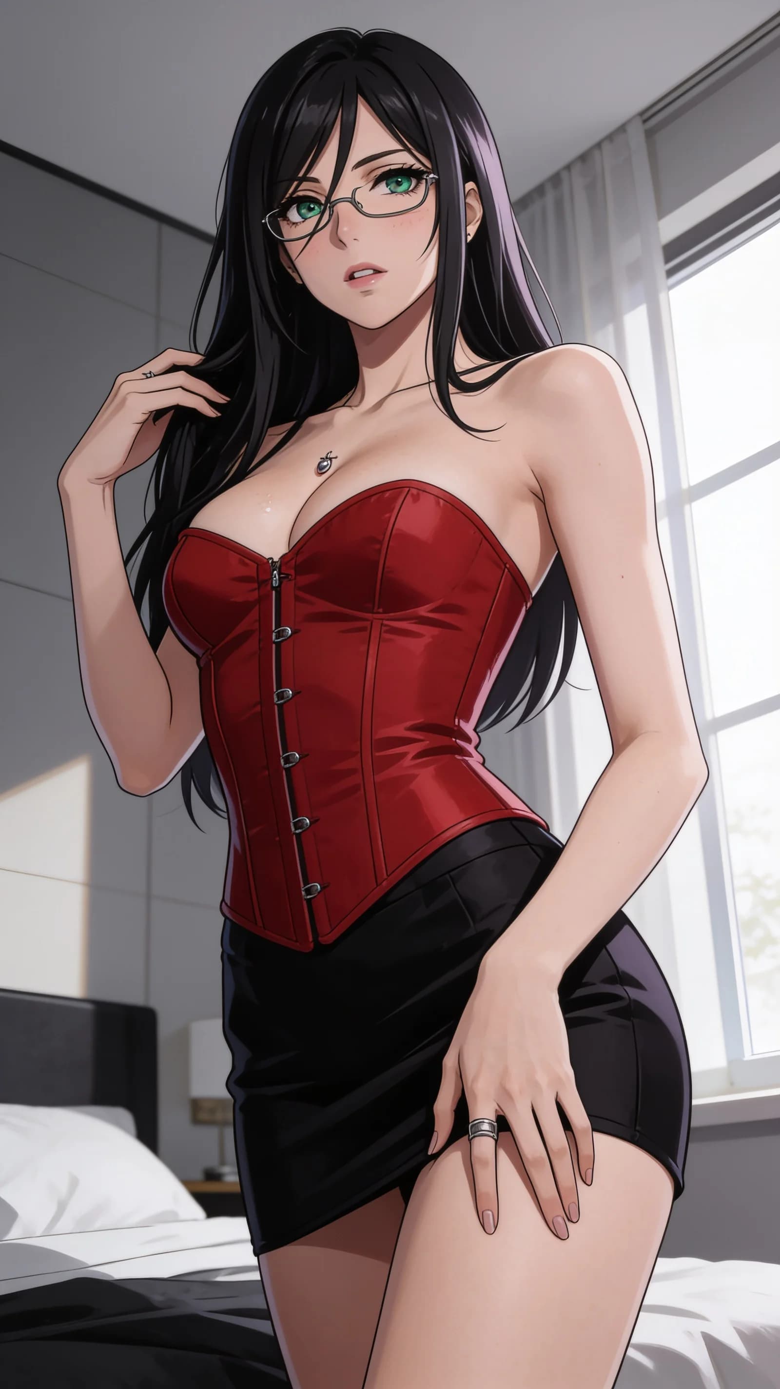 anime style, 2D cel-shaded anime illustration, anime key visual, flat cel shading, clean bold line art, vibrant saturated colors, large detailed expressive anime eyes with crisp catchlights, flat 2D rendering, not photorealistic, not 3D render, 32-year-old caucasian woman with straight black hair, green eyes, skinny body type, wearing glasses and visible nipple piercings, dressed in a tight red corset that accentuates her figure with natural fabric folds and a very short black skirt, no underwear, standing in a seductive pose with one hand on her hip and the other lightly touching her thigh in a softly lit modern bedroom setting, medium close-up from a slight low angle, intense direct eye contact with seductive lust, lips parted, subtle blush marks and skin sheen across her chest, nsfw, vertical 9:16 portrait composition with character centered and filling the frame head to mid-thigh, soft window light casting gentle highlights, detailed anime cel shading, crisp clean linework, correct anatomy, hands cleanly drawn with five fingers, studio-quality anime key visual; avoid: photorealistic, 3D render, extra fingers, deformed hands, blurry, low detail.