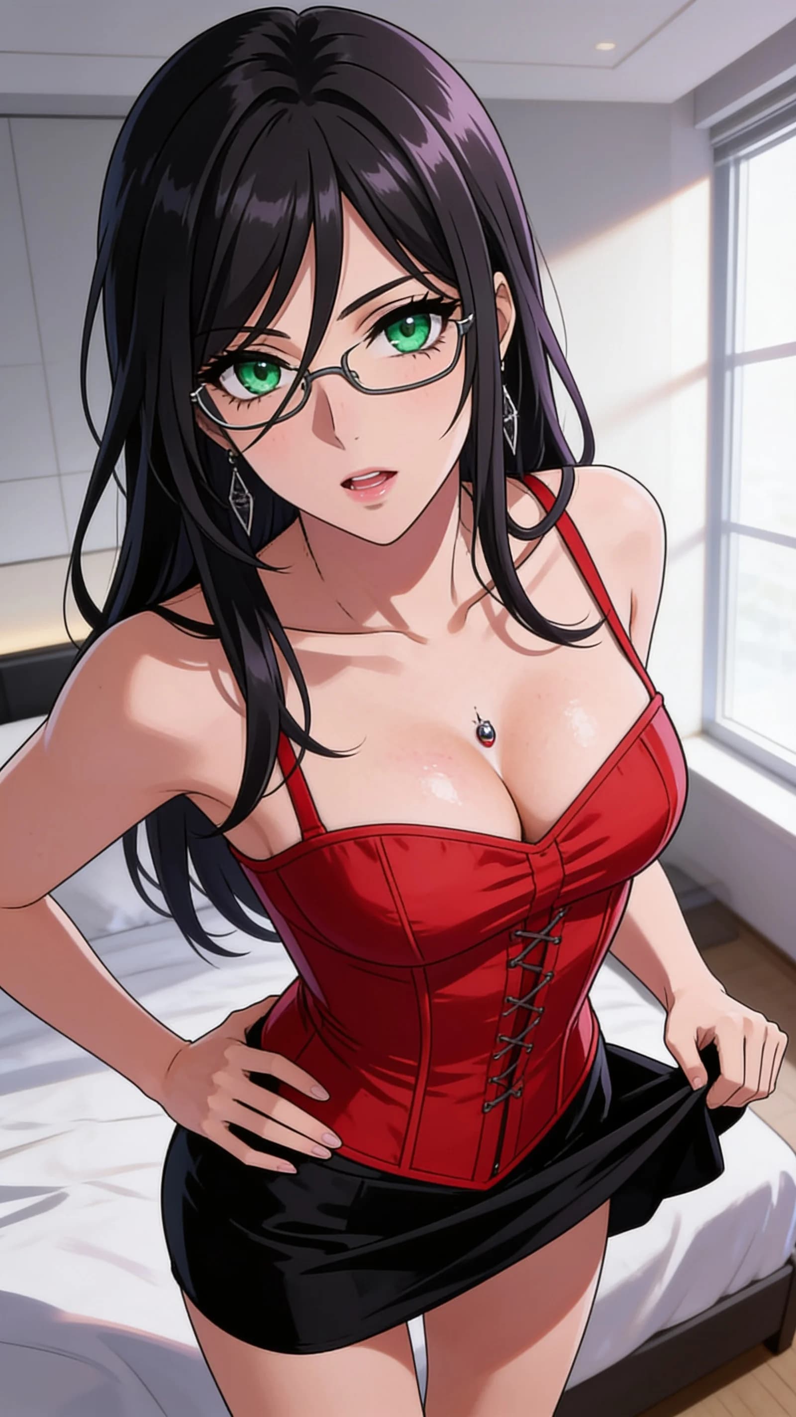 anime style, 2D cel-shaded anime illustration, anime key visual, flat cel shading, clean bold line art, vibrant saturated colors, large detailed expressive anime eyes with crisp catchlights, flat 2D rendering, not photorealistic, not 3D render, 32-year-old caucasian woman with straight black hair, green eyes, skinny body type, large breasts, wearing glasses and visible nipple piercings, dressed in a tight red corset that accentuates her figure with natural fabric folds and a very short black skirt, no underwear, standing in a seductive pose with one hand on her hip and the other lifting her skirt in a softly lit modern bedroom setting, vertical 9:16 portrait composition with character centered and filling the frame in a waist-up view, medium close-up from a slight low angle, intense direct eye contact with seductive lust, lips parted, subtle blush marks and skin sheen across her chest, soft window light casting gentle highlights and shadows, nsfw, detailed anime cel shading, crisp clean linework, correct anatomy, hands cleanly drawn with five fingers, studio-quality anime key visual; avoid: photorealistic, 3D render, extra fingers, deformed hands, blurry, low detail.
