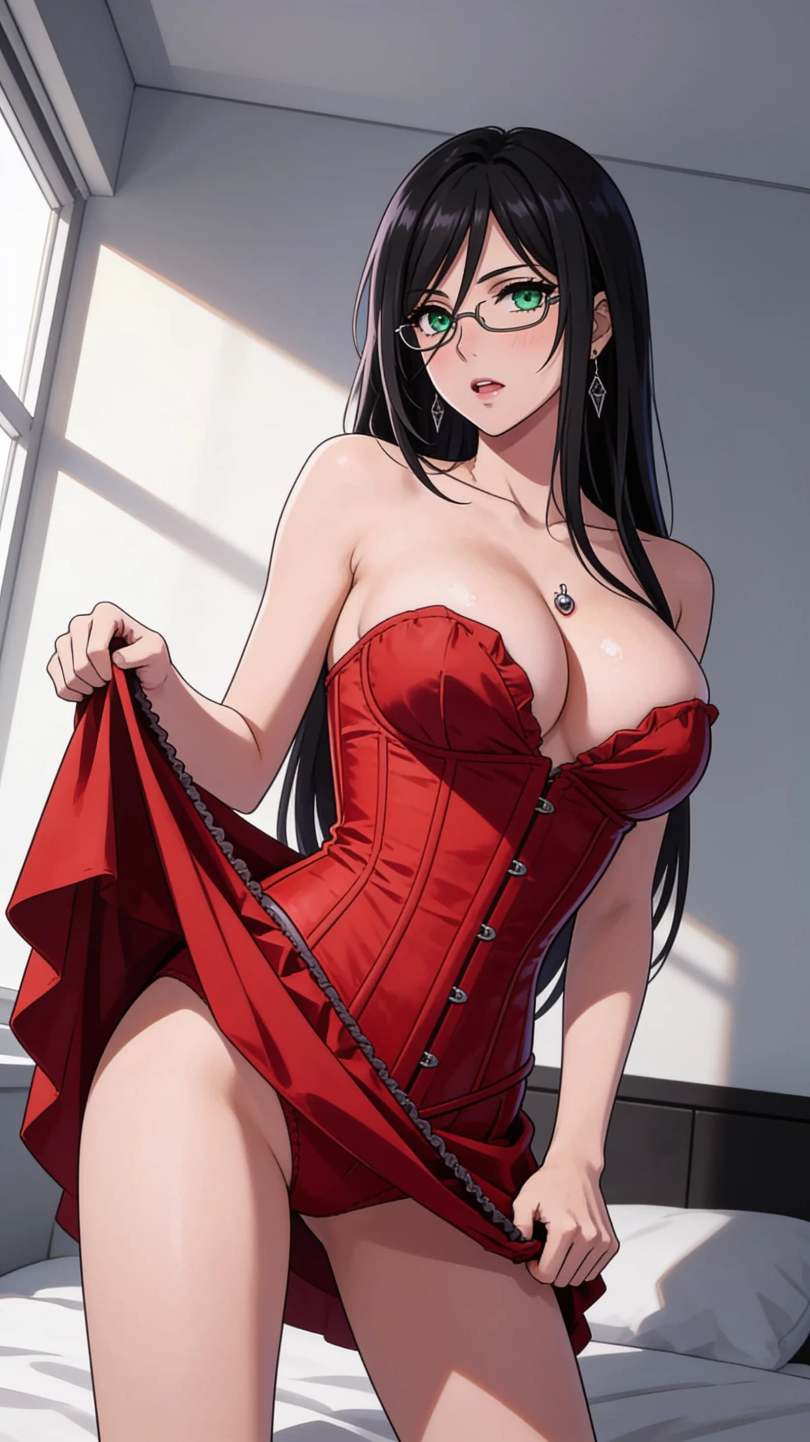 anime style, 2D cel-shaded anime illustration, anime key visual, flat cel shading, clean bold line art, vibrant saturated colors, large detailed expressive anime eyes with crisp catchlights, flat 2D rendering, not photorealistic, not 3D render, 32-year-old caucasian woman with straight black hair, green eyes, skinny body type, large breasts, wearing glasses and visible nipple piercings, dressed in a tight red corset that accentuates her figure with natural fabric folds and a very short black skirt, no underwear, standing in a seductive pose with one hand on her hip and the other lifting her skirt in a softly lit modern bedroom setting, vertical 9:16 portrait composition with character centered and filling the frame in a waist-up view, medium close-up from a slight low angle, intense direct eye contact with seductive lust, lips parted, subtle blush marks and skin sheen across her chest, soft window light casting gentle highlights and shadows, nsfw, detailed anime cel shading, crisp clean linework, correct anatomy, hands cleanly drawn with five fingers, studio-quality anime key visual; avoid: photorealistic, 3D render, extra fingers, deformed hands, blurry, low detail.