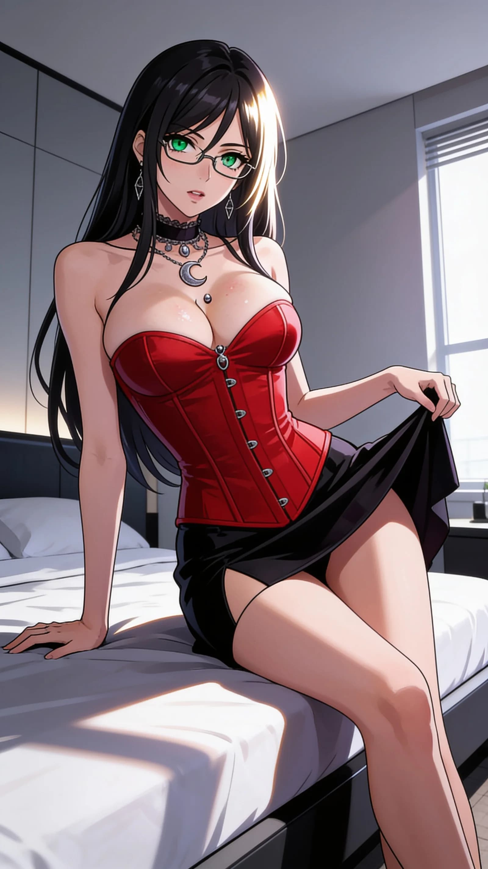 anime style, 2D cel-shaded anime illustration, anime key visual, flat cel shading, clean bold line art, vibrant saturated colors, large detailed expressive anime eyes with crisp catchlights, flat 2D rendering, not photorealistic, not 3D render, 32-year-old caucasian woman with straight black hair, green eyes, skinny body type, large breasts, wearing glasses and visible nipple piercings, dressed in a tight red corset that accentuates her figure with natural fabric folds and a very short black skirt, no underwear, standing in a seductive pose with one hand on her hip and the other lifting her skirt in a softly lit modern bedroom setting, vertical 9:16 portrait composition with character centered and filling the frame in a waist-up view, medium close-up from a slight low angle, intense direct eye contact with seductive lust, lips parted, subtle blush marks and skin sheen across her chest, soft window light casting gentle highlights and shadows, nsfw, detailed anime cel shading, crisp clean linework, correct anatomy, hands cleanly drawn with five fingers, studio-quality anime key visual; avoid: photorealistic, 3D render, extra fingers, deformed hands, blurry, low detail.