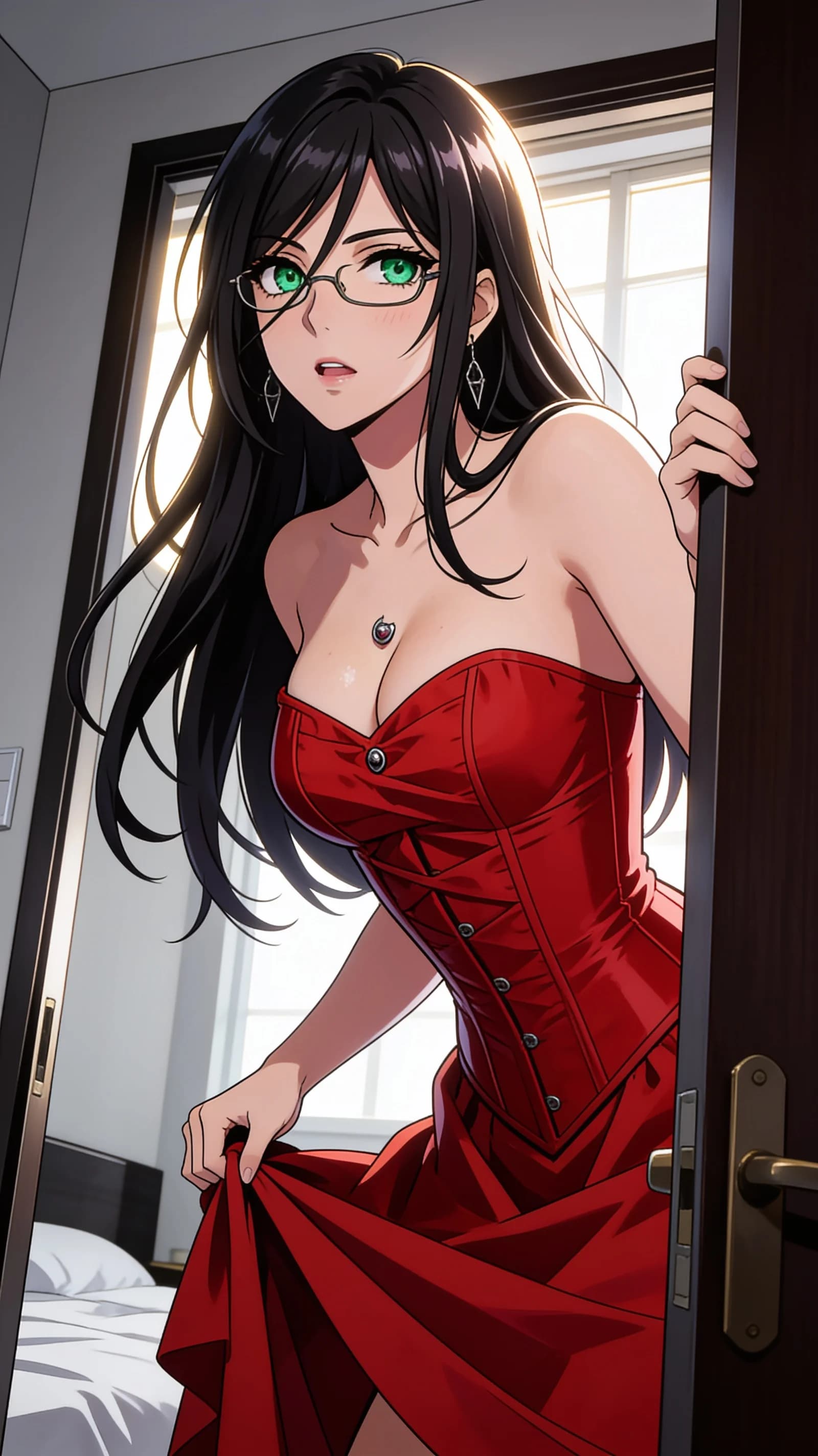 anime style, 2D cel-shaded anime illustration, anime key visual, flat cel shading, clean bold line art, vibrant saturated colors, large detailed expressive anime eyes with crisp catchlights, flat 2D rendering, not photorealistic, not 3D render, 32-year-old caucasian woman with straight black hair, green eyes, skinny body type, large breasts, wearing glasses and visible nipple piercings, dressed in a tight red corset that accentuates her figure with natural fabric folds and a very short black skirt, no underwear, standing in a seductive pose with one hand on her hip and the other lifting her skirt in a softly lit modern bedroom setting, vertical 9:16 portrait composition with character centered and filling the frame in a waist-up view, medium close-up from a slight low angle, intense direct eye contact with seductive lust, lips parted, subtle blush marks and skin sheen across her chest, soft window light casting gentle highlights and shadows, nsfw, detailed anime cel shading, crisp clean linework, correct anatomy, hands cleanly drawn with five fingers, studio-quality anime key visual; avoid: photorealistic, 3D render, extra fingers, deformed hands, blurry, low detail.
