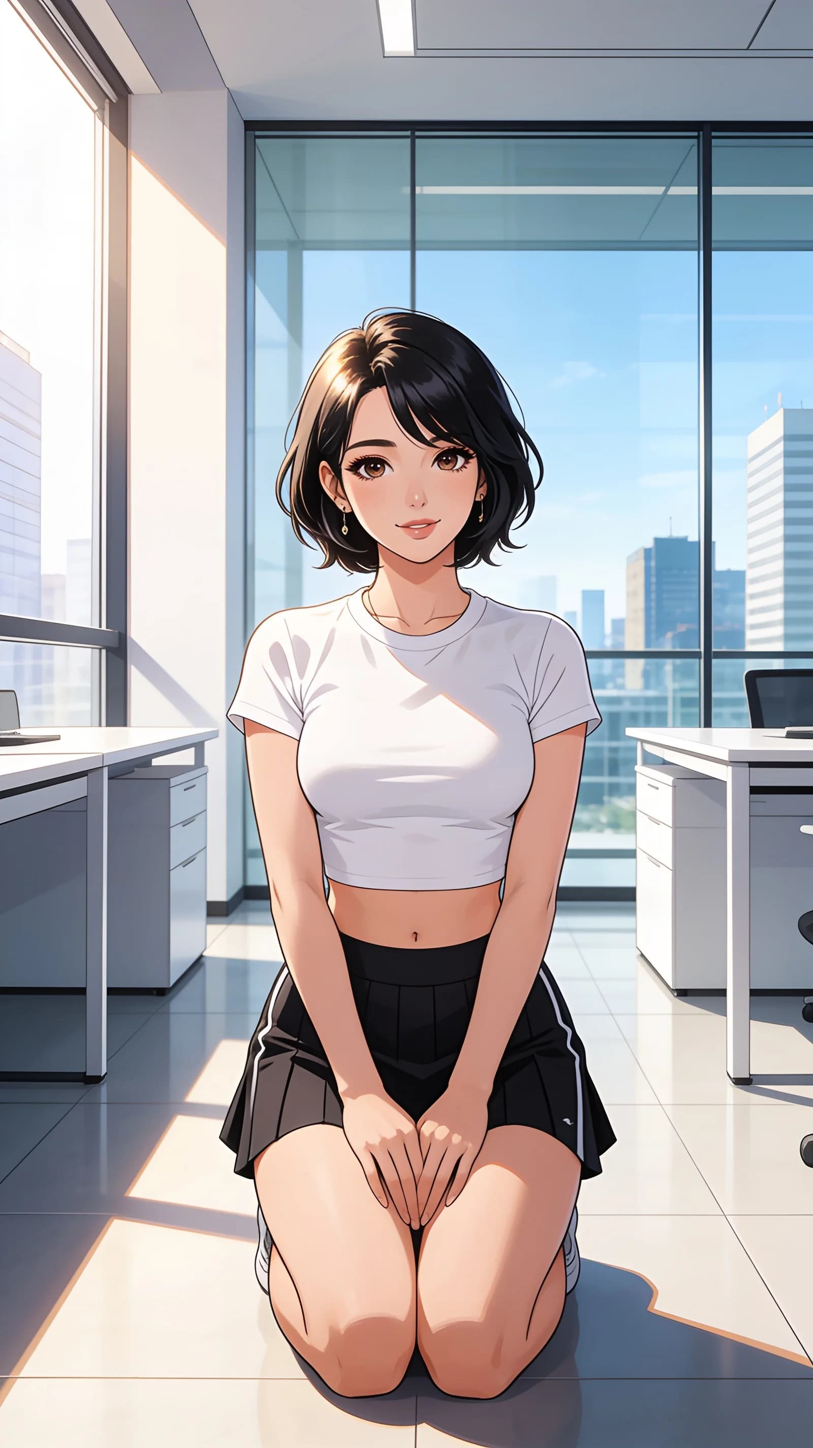 anime style, 2D cel-shaded anime illustration, anime key visual, flat cel shading, clean bold line art, vibrant saturated colors, large detailed expressive anime eyes with crisp catchlights, flat 2D rendering, not photorealistic, not 3D render, 30-year-old Asian woman with short black hair, brown eyes, fit body type, kneeling elegantly in a modern office setting with sleek desks and large windows in the background, wearing a short black tennis skirt and a fitted crop top shirt that exposes her midriff, vertical 9:16 portrait composition with the character centered and filling the frame from head to mid-thigh, front-facing eye-level camera angle, direct eye contact with the viewer and a warm friendly smile, soft natural window light illuminating her from the side with gentle highlights and clean shadows, elegant kneeling pose with knees together and hands resting gracefully on her lap, detailed anime cel shading, crisp clean linework, correct anatomy, hands cleanly drawn with five fingers, studio-quality anime key visual; avoid: photorealistic, 3D render, extra fingers, deformed hands, blurry, low detail.