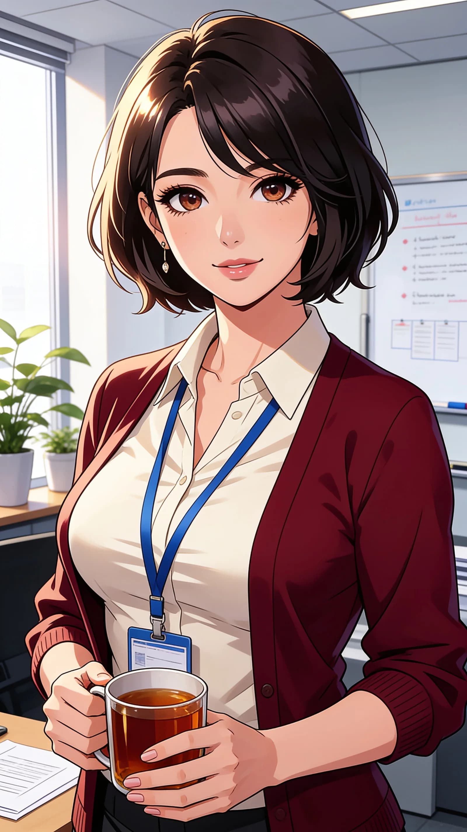 anime style, 2D cel-shaded anime illustration, anime key visual, flat cel shading, clean bold line art, vibrant saturated colors, large detailed expressive anime eyes with crisp catchlights, flat 2D rendering, not photorealistic, not 3D render, 30-year-old Asian woman with short chestnut brown bob hair, brown eyes, fit body type, motherly female HR staff standing confidently in a modern office setting with warm caring aura, medium close-up vertical 9:16 portrait from straight-on angle framing head to mid-thigh with character centered and filling the frame, wearing dark red cardigan over cream blouse with blue ID lanyard around neck, holding a mug of tea in both hands, warm gentle smile directed at viewer with open eyes showing soft caring eye contact and affectionate expression, soft diffused window light from the side creating gentle highlights on hair and fabric folds, detailed anime cel shading, crisp clean linework, correct anatomy, hands cleanly drawn with five fingers, studio-quality anime key visual; avoid: photorealistic, 3D render, extra fingers, deformed hands, blurry, low detail.