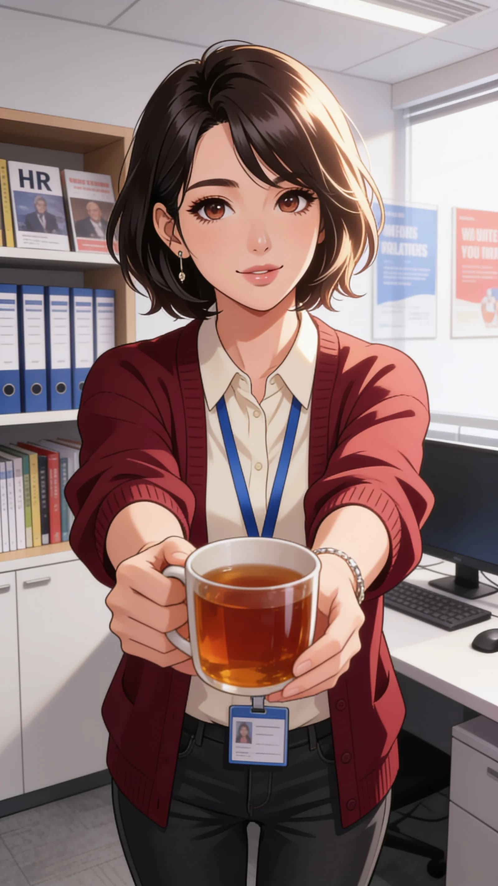 anime style, 2D cel-shaded anime illustration, anime key visual, flat cel shading, clean bold line art, vibrant saturated colors, large detailed expressive anime eyes with crisp catchlights, flat 2D rendering, not photorealistic, not 3D render, 30-year-old Asian woman with short chestnut brown bob hair, brown eyes, fit body type, motherly female HR staff standing confidently in a modern office setting with warm caring aura, medium close-up vertical 9:16 portrait from straight-on angle framing head to mid-thigh with character centered and filling the frame, wearing dark red cardigan over cream blouse with blue ID lanyard around neck, holding a mug of tea in both hands, warm gentle smile directed at viewer with open eyes showing soft caring eye contact and affectionate expression, soft diffused window light from the side creating gentle highlights on hair and fabric folds, detailed anime cel shading, crisp clean linework, correct anatomy, hands cleanly drawn with five fingers, studio-quality anime key visual; avoid: photorealistic, 3D render, extra fingers, deformed hands, blurry, low detail.