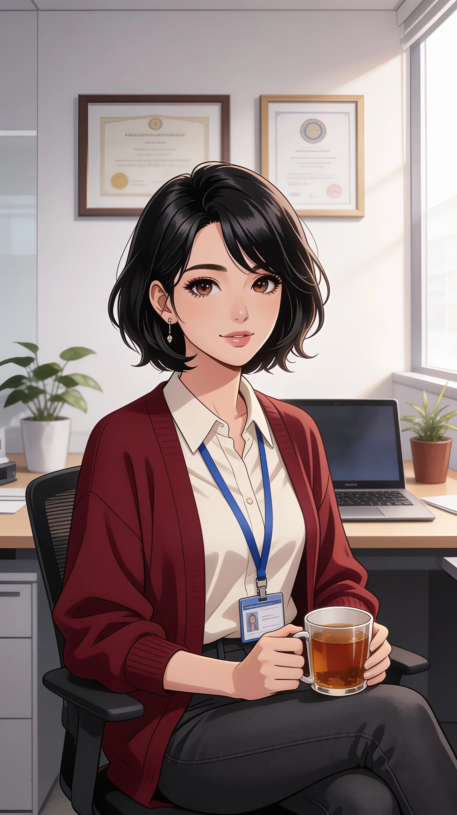 anime style, 2D cel-shaded anime illustration, anime key visual, flat cel shading, clean bold line art, vibrant saturated colors, large detailed expressive anime eyes with crisp catchlights, flat 2D rendering, not photorealistic, not 3D render, 30-year-old Asian woman with short black bob hair, brown eyes, fit body type, medium close-up front angle in vertical 9:16 portrait composition centered on the character from head to mid-thigh, motherly female HR staff sitting casually relaxed in a modern office setting with soft window light illuminating her warm caring aura, wearing dark red cardigan over cream blouse with blue ID lanyard around her neck, holding a mug of tea, looking directly at the viewer with a warm gentle smile and soft eye contact, detailed anime cel shading, crisp clean linework, correct anatomy, hands cleanly drawn with five fingers, studio-quality anime key visual; avoid: photorealistic, 3D render, extra fingers, deformed hands, blurry, low detail.