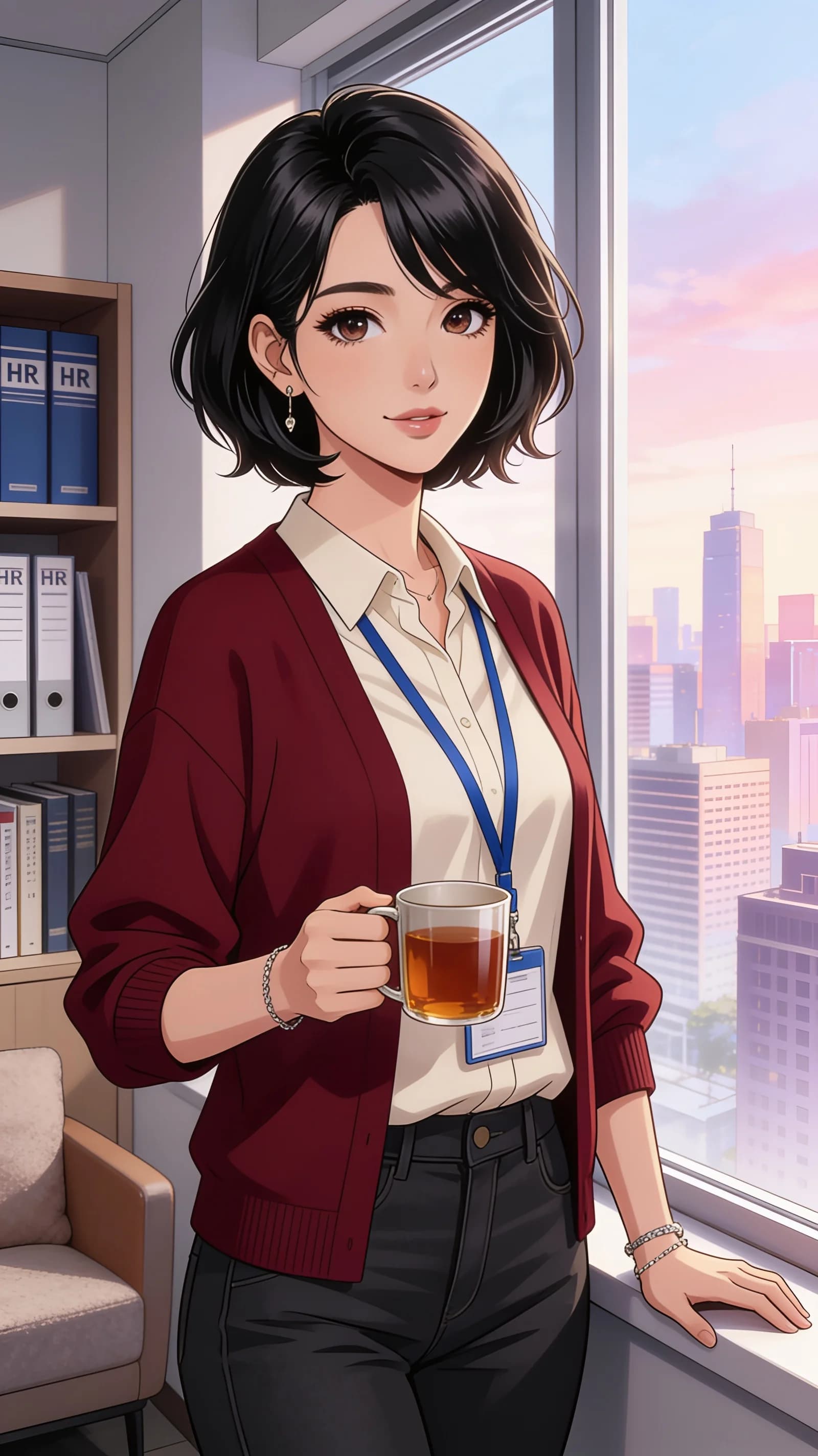 anime style, 2D cel-shaded anime illustration, anime key visual, flat cel shading, clean bold line art, vibrant saturated colors, large detailed expressive anime eyes with crisp catchlights, flat 2D rendering, not photorealistic, not 3D render, 30-year-old Asian woman with short black bob hair, brown eyes, fit body type, medium close-up front angle in vertical 9:16 portrait composition centered on the character from head to mid-thigh, motherly female HR staff sitting casually relaxed in a modern office setting with soft window light illuminating her warm caring aura, wearing dark red cardigan over cream blouse with blue ID lanyard around her neck, holding a mug of tea, looking directly at the viewer with a warm gentle smile and soft eye contact, detailed anime cel shading, crisp clean linework, correct anatomy, hands cleanly drawn with five fingers, studio-quality anime key visual; avoid: photorealistic, 3D render, extra fingers, deformed hands, blurry, low detail.