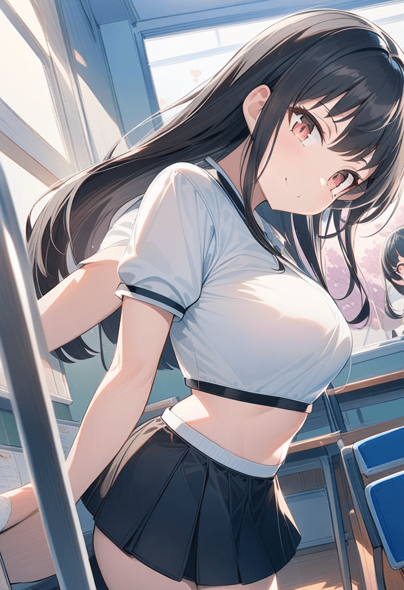 Wearing short black tennis skirt and a crop top shirt, portrait picture, looking at the viewer with a smile, wearing a fashionable mini skirt, standing confidently, full body shot, in a classroom environment