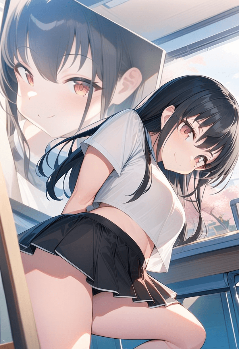 Wearing short black tennis skirt and a crop top shirt, portrait picture, looking at the viewer with a smile, wearing a fashionable mini skirt, standing confidently, full body shot, in a classroom environment