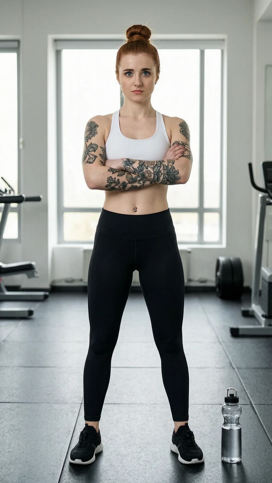 A 24-year-old Caucasian woman with red hair in a tight bun, piercing blue eyes, fit toned physique, visible tattoos on arms and shoulders, and a silver belly piercing, standing in a modern gym with natural window lighting, wearing form-fitting black yoga pants and a white sports bra that accentuates her athletic build, arms crossed firmly under her chest, feet planted shoulder-width apart in a confident stance, water bottle on the floor nearby, direct eye contact with focused determined expression and slightly furrowed brows, motivational fitness photography style, healthy lifestyle vibe, realistic skin texture with subtle sheen from natural light, body tension in flexed arms and core, medium close-up from eye-level front angle. Flawless anatomy, no extra digits, no extra limbs, realistic skin texture, high-detail.