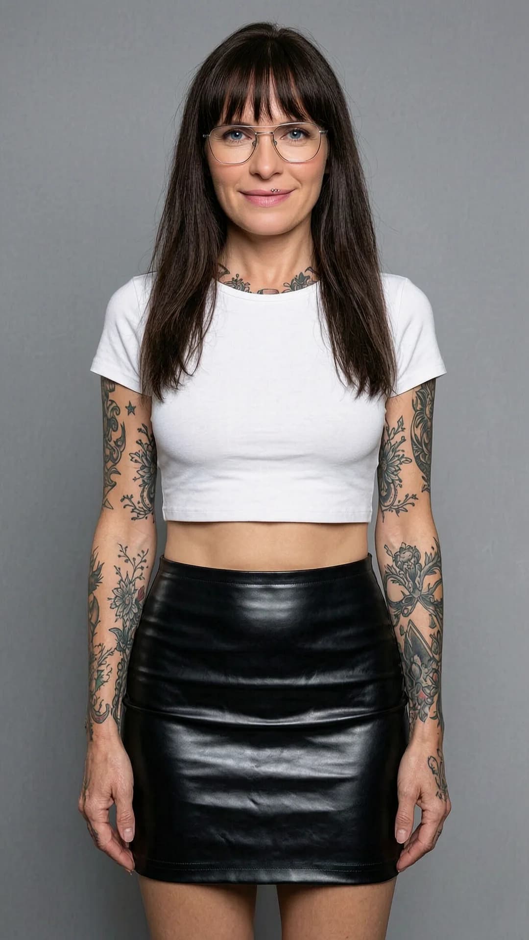 A 45-year-old caucasian woman with skinny build, long brunette hair featuring straight bangs, piercing blue eyes, wearing thin-rimmed glasses and intricate tattoos across her arms and collarbone, subtle nipple piercings visible through fabric, dressed in a tight white crop top shirt that exposes her midriff and a short black sleek latex tennis skirt hugging her hips, standing in a neutral studio setting with soft cinematic lighting, medium close-up portrait from direct front angle, looking straight at the viewer with a gentle warm smile and direct eye contact, relaxed confident pose with hands lightly resting at her sides, realistic style, flawless anatomy, no extra digits, no extra limbs, realistic skin texture, high-detail.