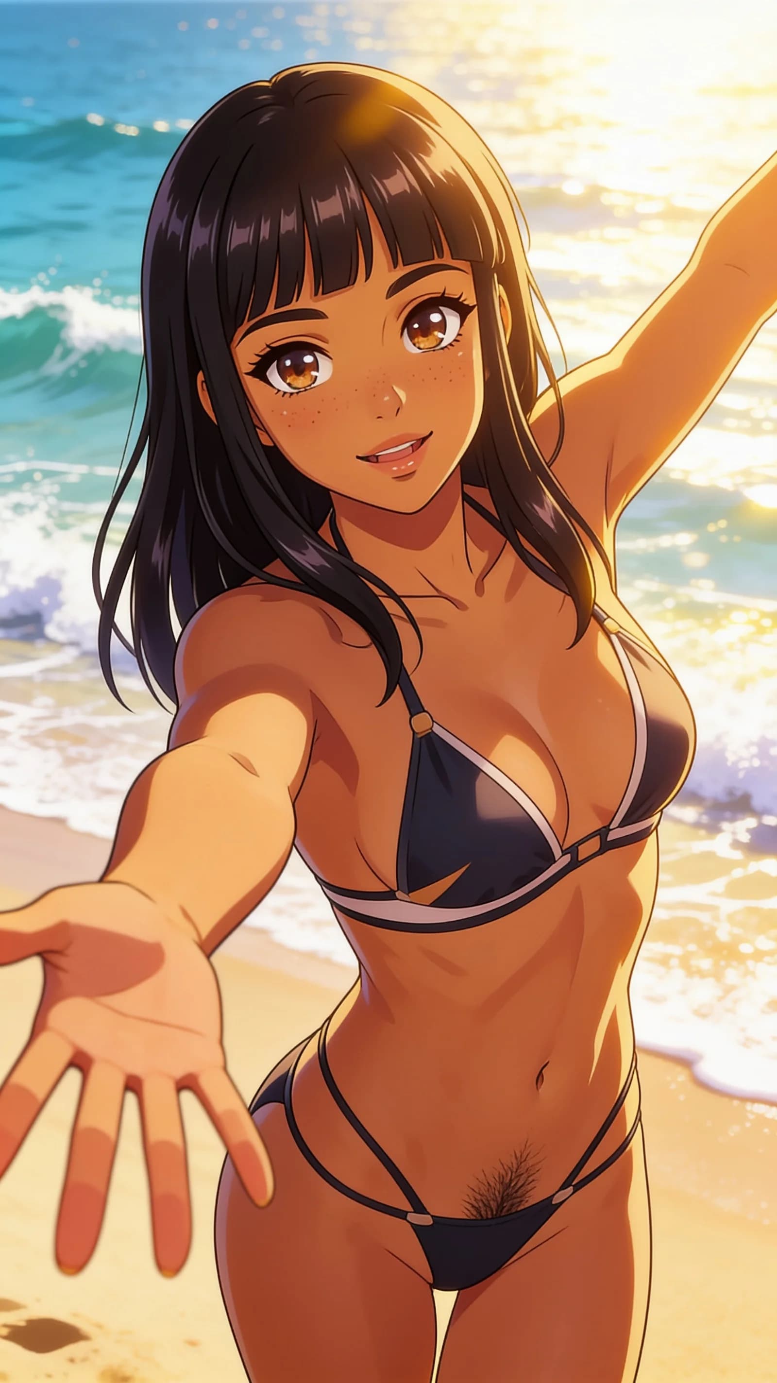 anime style, 2D cel-shaded anime illustration, anime key visual, flat cel shading, clean bold line art, vibrant saturated colors, large detailed expressive anime eyes with crisp catchlights, flat 2D rendering, not photorealistic, not 3D render, 21-year-old Latina woman with fit athletic body, black hair with bangs, brown eyes, freckles across cheeks, stretching gracefully in a stylish revealing bikini that shows her pubic hair on a sunny beach with ocean waves in the background, vertical 9:16 portrait composition head-to-mid-thigh framing, front angle medium close-up POV looking directly at viewer with bright cheerful smile and warm inviting eye contact, lips gently parted, bright sunny daylight with golden highlights and soft rim lighting casting gentle glow on skin, natural bikini folds, detailed anime cel shading, crisp clean linework, correct anatomy, hands cleanly drawn with five fingers, studio-quality anime key visual; avoid: photorealistic, 3D render, extra fingers, deformed hands, blurry, low detail.