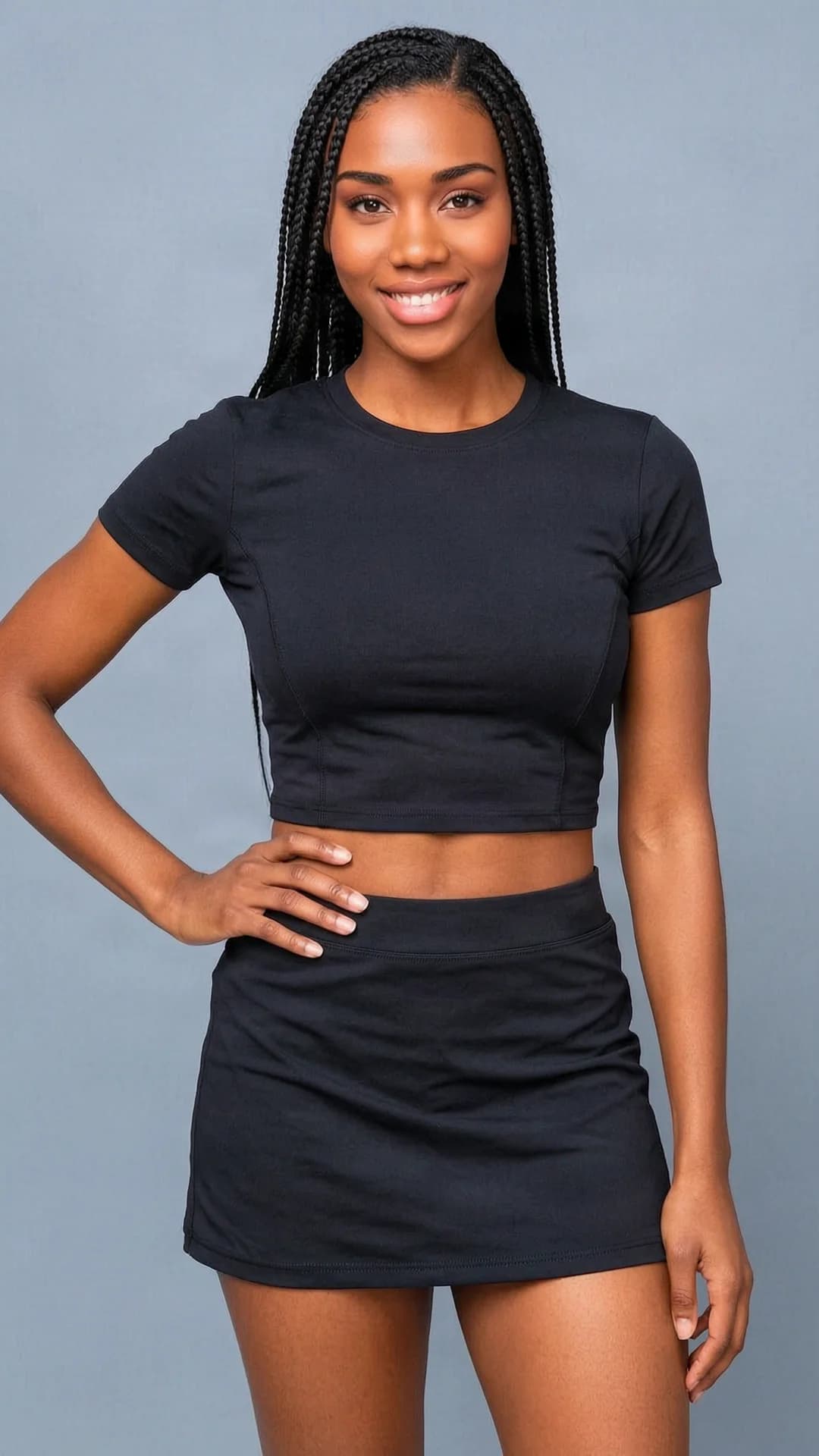 A 21-year-old black woman with a fit athletic body, black braids, and brown eyes, wearing a short black tennis skirt and a fitted crop top shirt, standing in a confident pose with one hand on her hip and the other relaxed at her side, captured in a medium close-up portrait from a direct frontal eye-level angle, intense direct eye contact with the viewer and a warm genuine smile with lips curved upward in a cheerful expression, soft natural daylight highlighting her smooth skin and defined muscles, realistic style, Flawless anatomy, no extra digits, no extra limbs, realistic skin texture, high-detail.