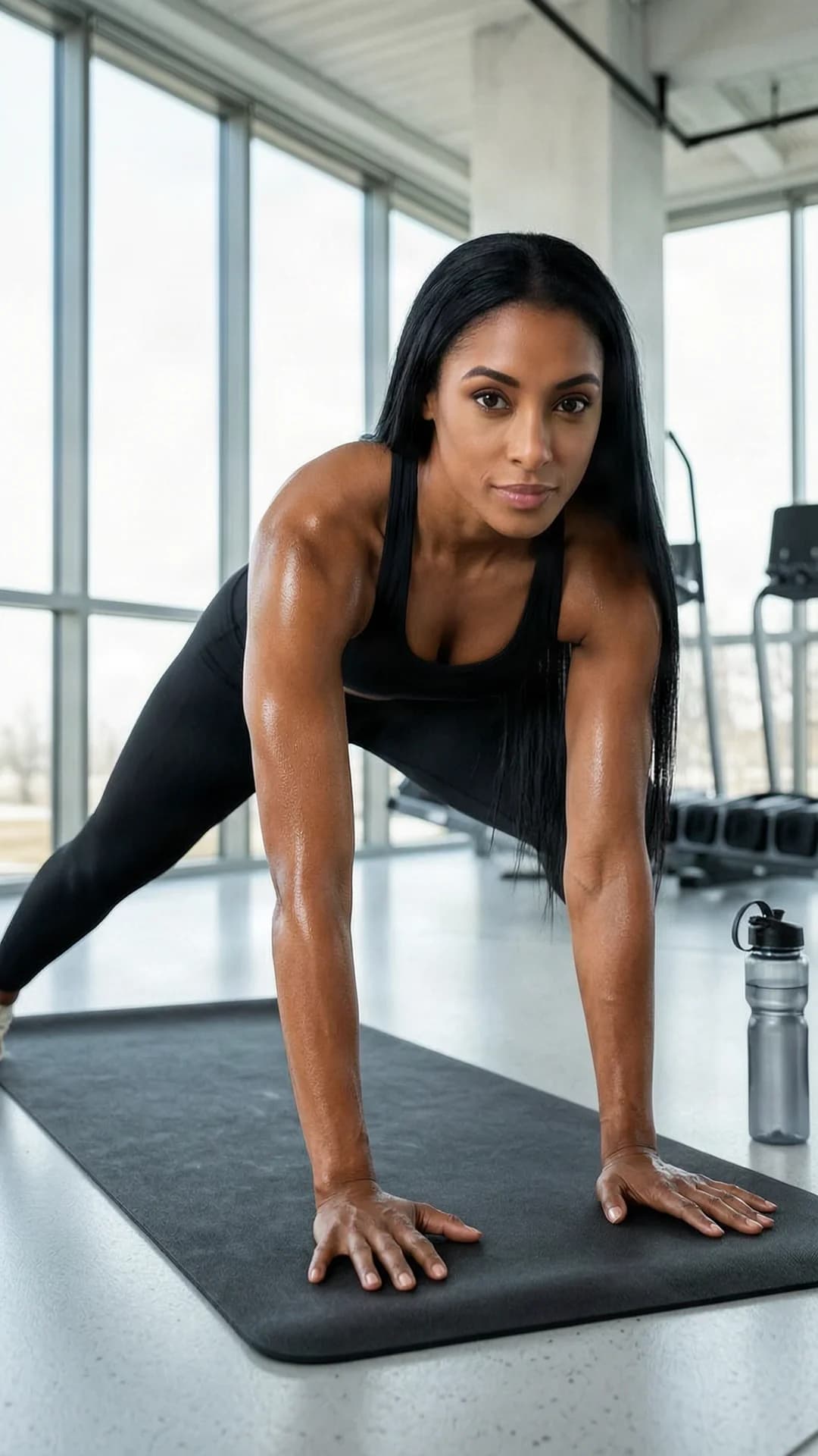 31-year-old black woman with straight black hair, brown eyes, and a skinny toned physique, wearing form-fitting black yoga pants and a matching sports bra, captured in a medium close-up from a slight low-angle POV while holding a deep side lunge stretch on a black yoga mat inside a modern gym with natural window lighting, water bottle placed nearby, direct focused eye contact with the viewer conveying determination and motivation, muscle tension visible across her athletic frame with subtle skin sheen from exertion, fitness photography style, motivational healthy lifestyle atmosphere, Flawless anatomy, no extra digits, no extra limbs, realistic skin texture, high-detail.
