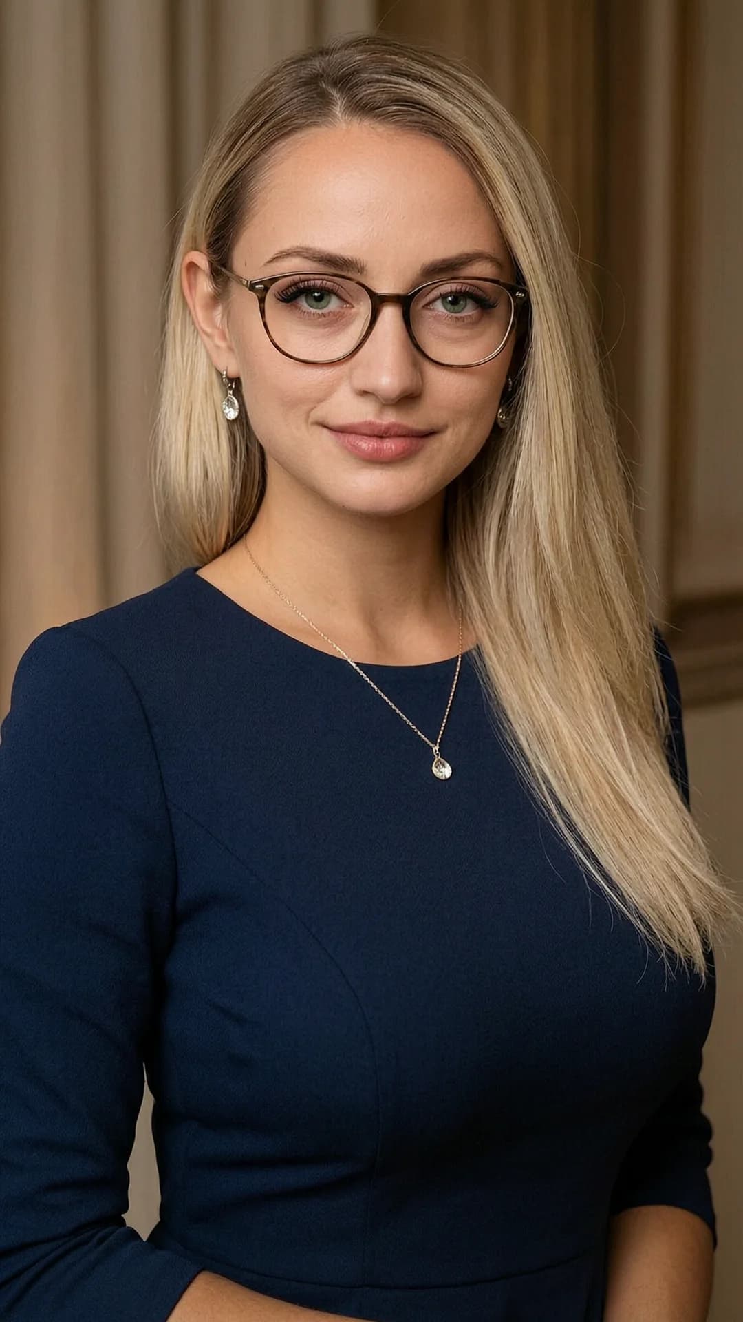 24-year-old Caucasian woman with skinny body type, straight blonde hair softly styled with volume falling elegantly over one shoulder, green real eyes behind elegant glasses, huge breasts with visible nipple piercings subtly pressing against fabric, elegant makeup with soft glowing gaze and royal presence, in an elegant indoor setting with neutral soft background against an indoor wall and subtle luxury atmosphere, portrait from mid-chest up in close front shot at eye-level with 85mm lens framing, shoulders relaxed, head gently tilted with royal posture, calm and captivating expression with slightly parted lips, natural warmth, and gentle confidence making direct intense eye contact with the viewer, wearing a form-fitting elegant pencil dress of refined fabric with delicate earrings and necklace featuring subtle shine, cinematic lighting with shallow depth of field, sharp focus on eyes, ultra photorealistic style, natural skin texture with soft skin glow and fine detail, realistic shadows, catch light in eyes, subtle shadow depth, high detail, body physics with huge breasts naturally positioned and taut against dress fabric showing subtle tension and sheen, flawless anatomy, no extra digits, no extra limbs, realistic skin texture, high-detail.