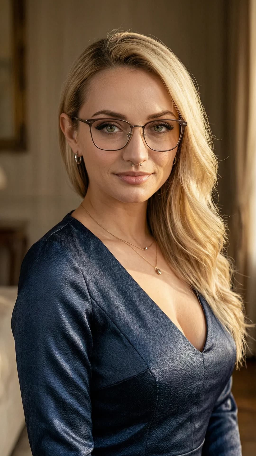 24-year-old Caucasian woman with skinny body type, huge breasts, green eyes, straight blonde hair in an elegant softly styled hairstyle with volume, refined and polished look combed perfectly falling elegantly over one shoulder, wearing elegant pencil dress of refined fabric with subtle shine, delicate earrings and necklace, stylish glasses, subtle nipple piercings visible through thin fabric, soft lips with flirty smile, elegant makeup, real eyes, in an elegant indoor setting with neutral soft background against indoor wall and subtle luxury atmosphere, portrait from mid-chest up with shoulders relaxed, head gently tilted in royal posture, soft glowing gaze with intense eye-level eye contact exuding royal presence, calm and captivating expression, slightly parted lips, natural warmth, gentle confidence, front shot close portrait mid-chest framing at eye-level like 85mm lens with shallow depth of field sharp focus on eyes, ultra photorealistic RAW DSLR style, golden hour dramatic light casting natural skin texture, fine detail, realistic shadows, soft skin glow, subtle shadow depth, catch light in eyes, high detail, flawless anatomy, no extra digits, no extra limbs, realistic skin texture, high-detail.