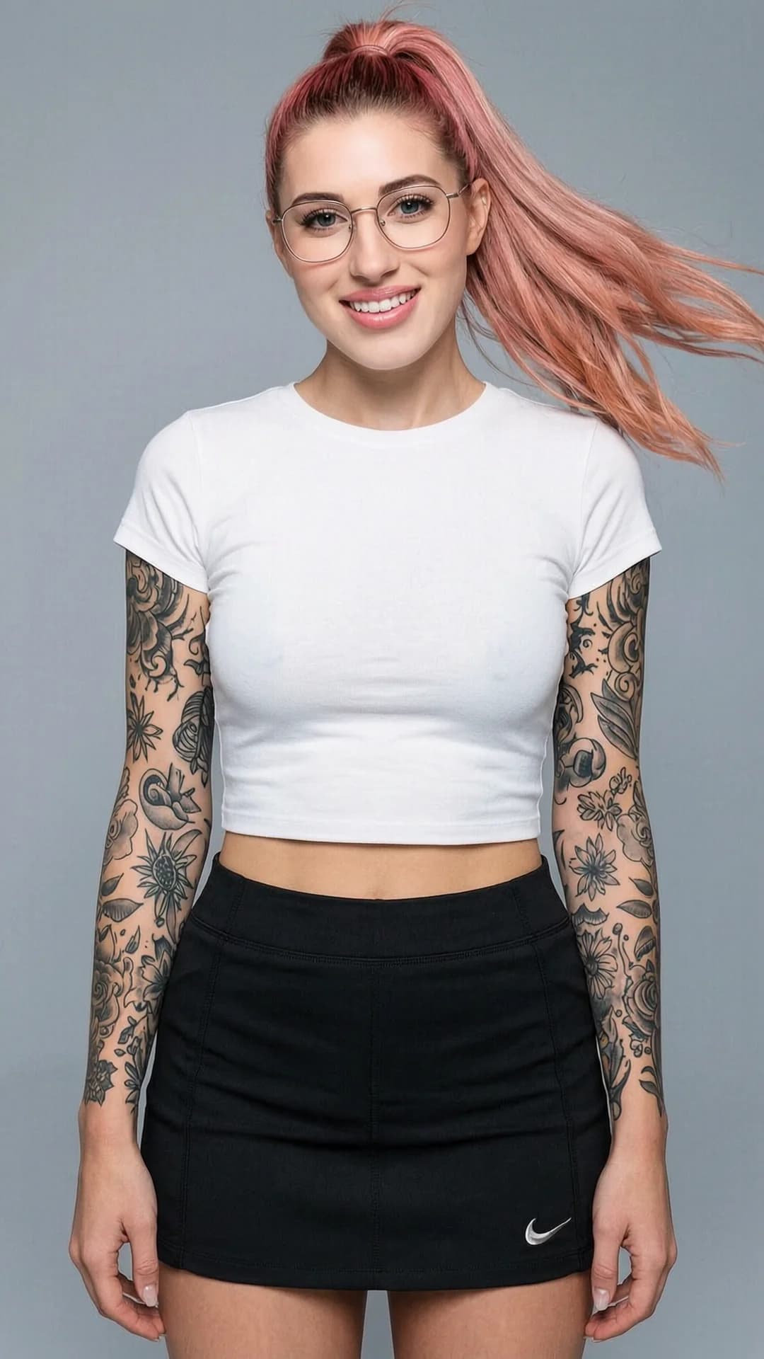 A 21-year-old Caucasian woman with pink hair in a high ponytail, blue eyes, skinny build, wearing thin-framed glasses and covered in intricate tattoos, nipple piercings subtly visible beneath fabric, dressed in a short black tennis skirt and a tight white crop top shirt that exposes her midriff, standing in a neutral studio setting, medium close-up portrait shot from straight-on eye-level angle facing the viewer directly, warm genuine smile with parted lips and friendly direct eye contact, cheerful confident mood, soft natural lighting highlighting skin texture and fabric details, ponytail swaying slightly, flawless anatomy, no extra digits, no extra limbs, realistic skin texture, high-detail.