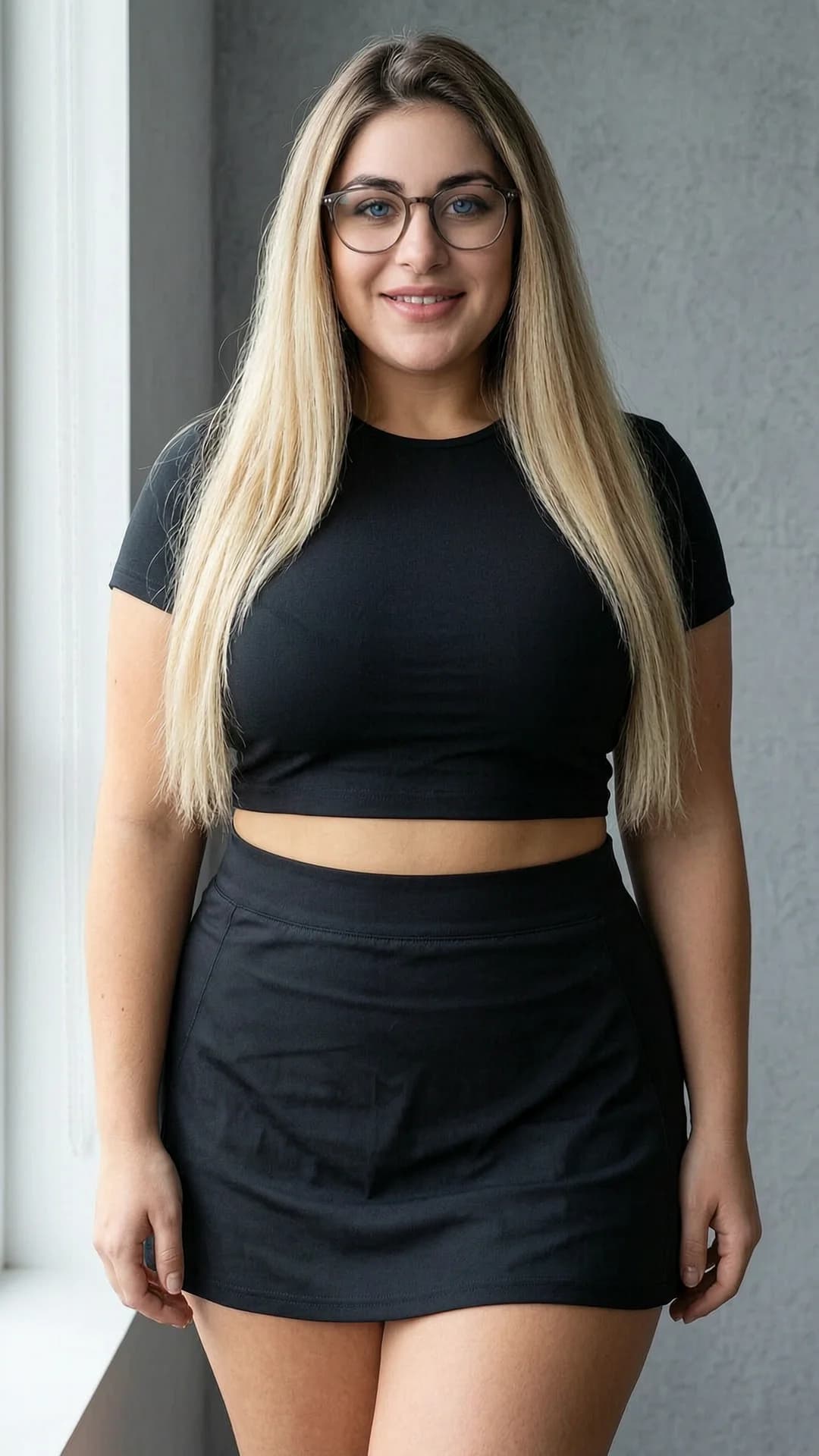 A 24-year-old Caucasian woman with a chubby body type, straight blonde hair, blue eyes and glasses, wearing a short black tennis skirt and a crop top shirt, captured in a realistic medium close-up portrait from a straight-on eye-level camera angle, body facing forward with a slight hip tilt and relaxed posture, direct eye contact with the viewer and a warm genuine smile, soft natural window lighting highlighting her features and clothing textures, cheerful confident mood, detailed fabric folds on the skirt and shirt, Flawless anatomy, no extra digits, no extra limbs, realistic skin texture, high-detail.
