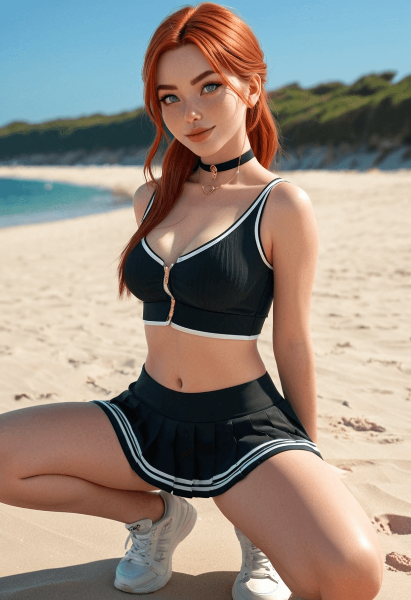 Wearing short black tennis skirt and a crop top shirt, portrait picture, looking at the viewer with a smile, wearing a stylish bikini on the beach, squatting position, athletic pose, wearing a fashionable choker